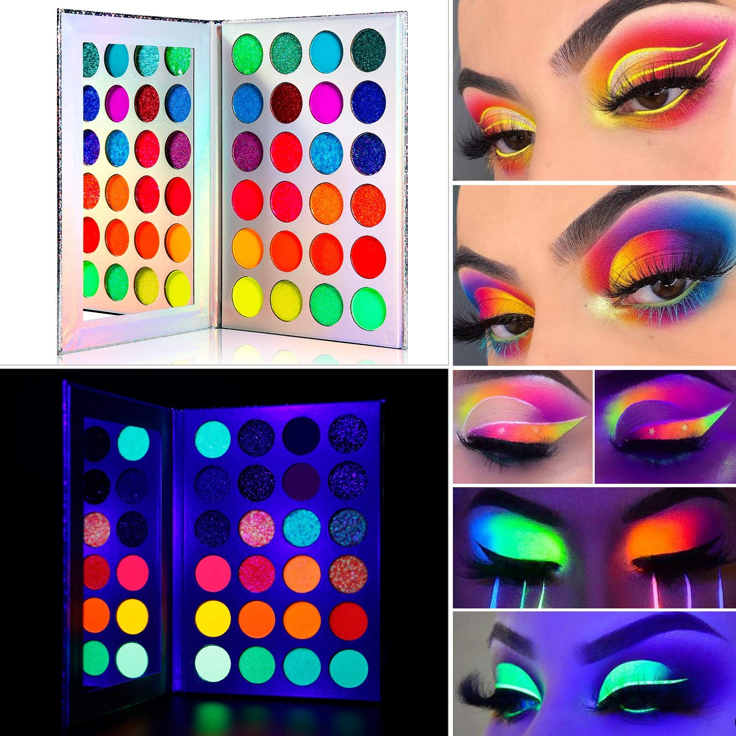 Neon Glow in the Dark Eyeshadow Palette, DE'LANCI Aurora Glow Stage Eyeshadow Palette, Halloween UV Glitter Makeup Kit Fluorescencyjne cienie do powiek Pigment Luminous