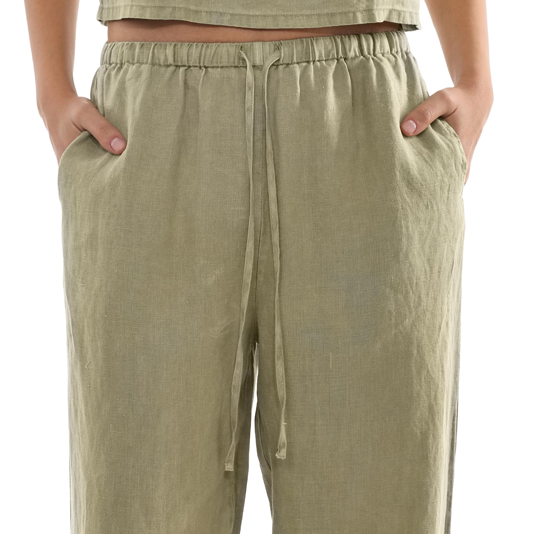 Amazhiyu Pantaloni da donna in 100% lino, da donna, tinto a pianta, estivi, vestibilità ampia, casual, in lino, a gamba larga, con tasche