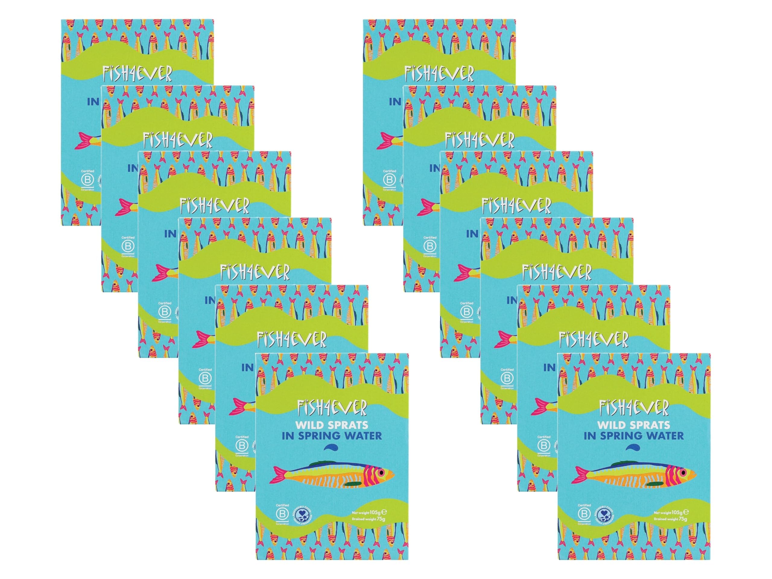 Fish 4 Ever | Sprats In Spring Water - Sustainably Fished. Tin Canned Food Rich In Omega-3, Great With Fresh Bread, Pasta and Salads | 105g (Pack of 12)
