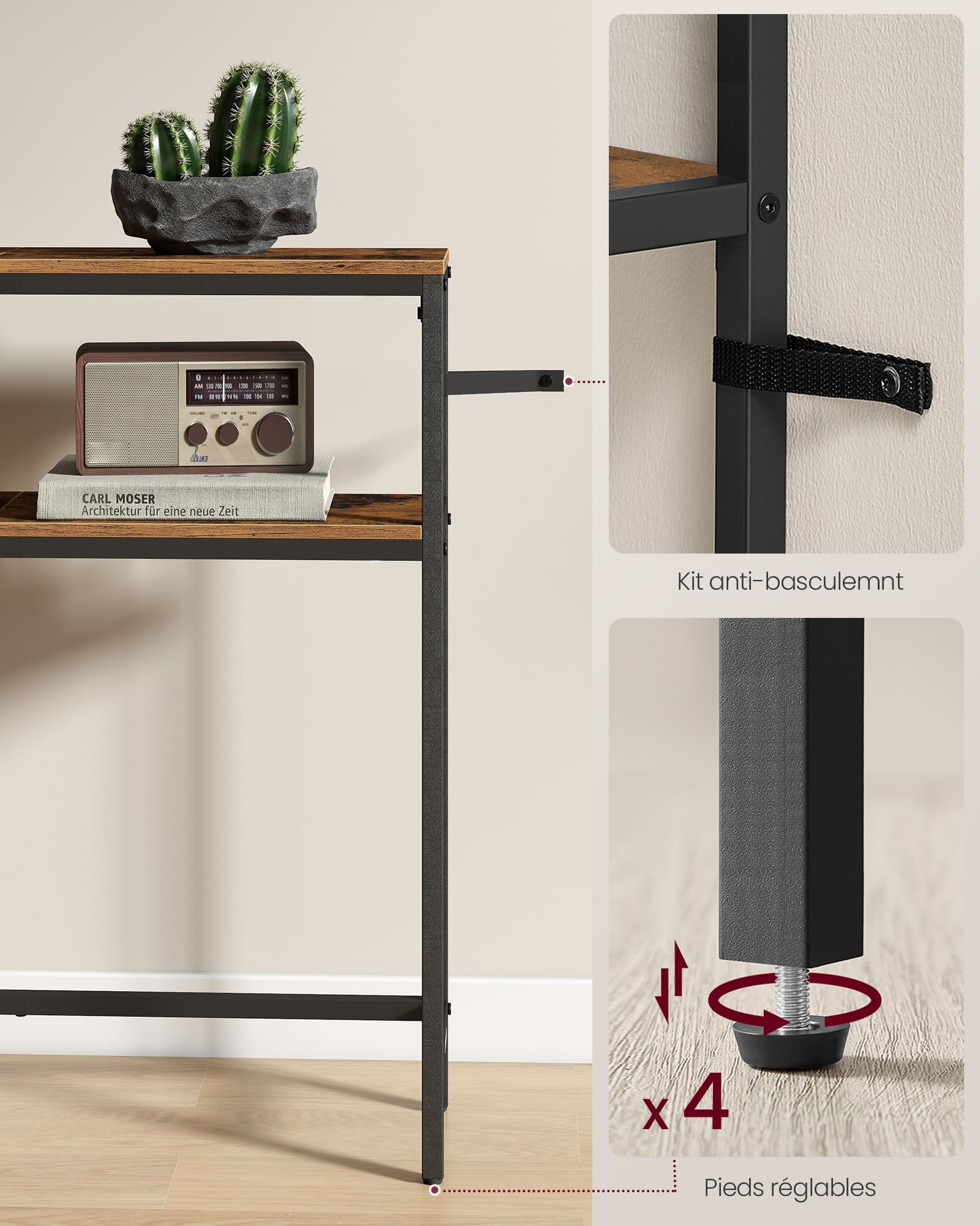VASAGLE Console pour Couloir, Table de Salon Fine à 2 Niveaux, Table d’Appoint avec 2 Étagères, 20 x 80 x 80 cm, pour Salon, Couloir, Entrée, Marron Rustique et Noir d'encre LNT130K01V1
