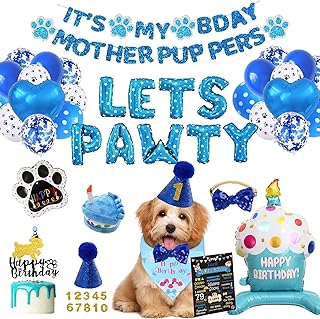 51 PCs Dog Birthday Party Supplies, Party Inspo Puppy Blue Dog Pals Birthday Party Decorations Letâ€™s Pawty Balloon Its My Bday Mother Pup Pers Banner Dog Crown Hat Bow Tie Poster Cake Topper Woof Boy