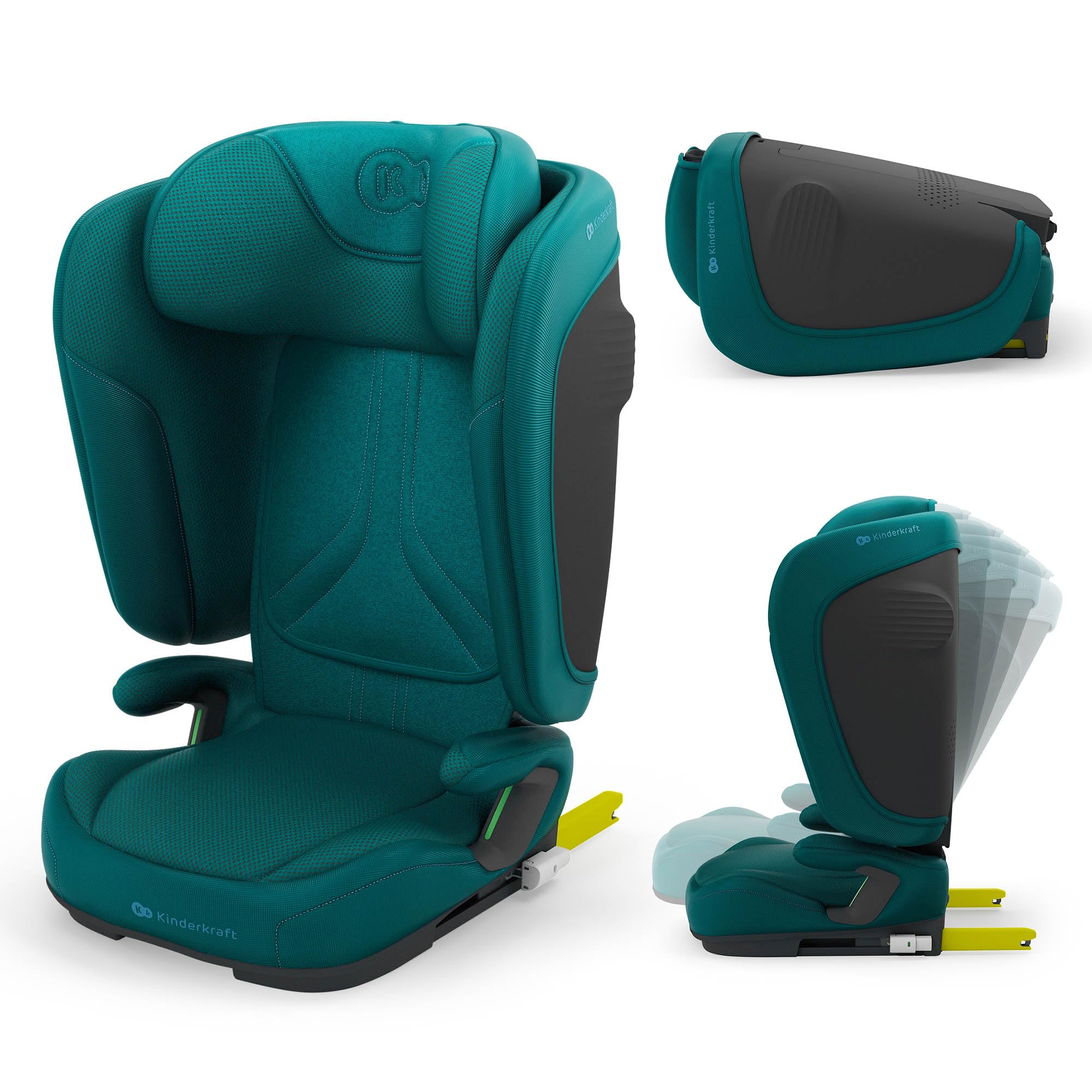 Kinderkraft UNITY 2, Fotelik 100–150 cm dla dzieci 3,5–12 lat, 5-stopniowa regulacja oparcia, Składany, ISOFIX, systemy SPS+ i H-GUARD, Tapicerka AIR FLOW, Łatwe czyszczenie, Zielony