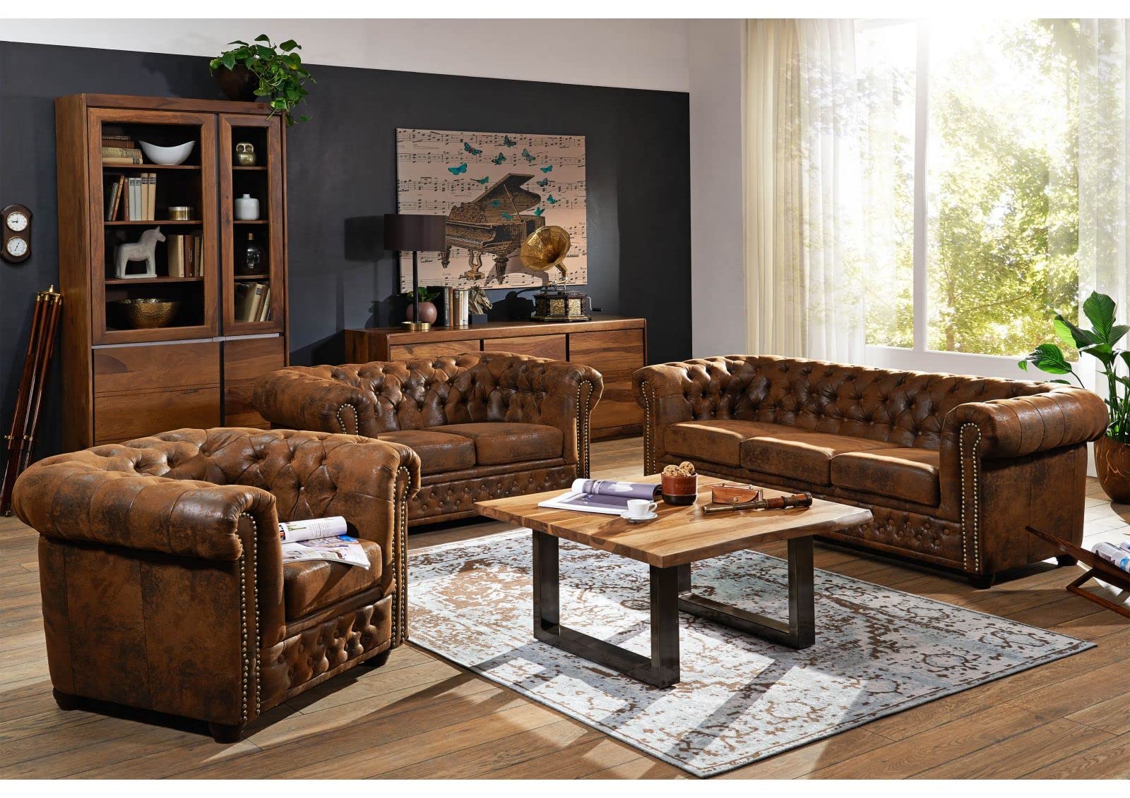 MASSIVMOEBEL24.DE Oxford Divano Chesterfield - Stoffa/Marrone - Stile Coloniale 203x86x72