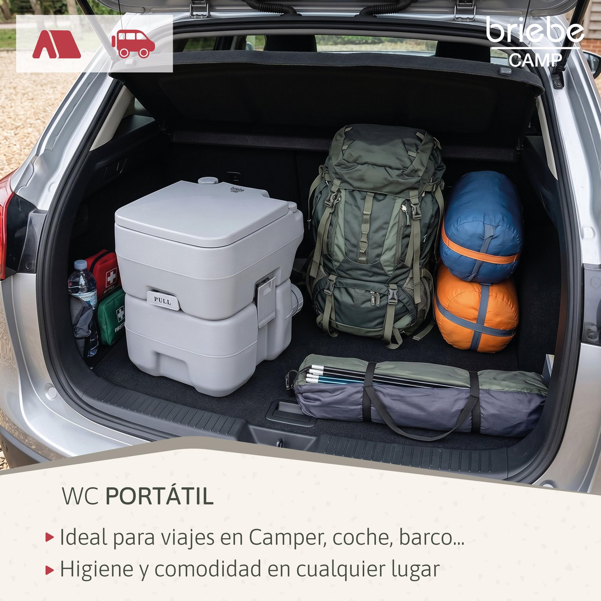 briebe Camp WC Inodoro Portátil Químico Adultos Potty 20L Camping, Camper, Auto Caravana, Water con Descarga Agua 12L, Válvula Drenaje contra Fugas, WC1113