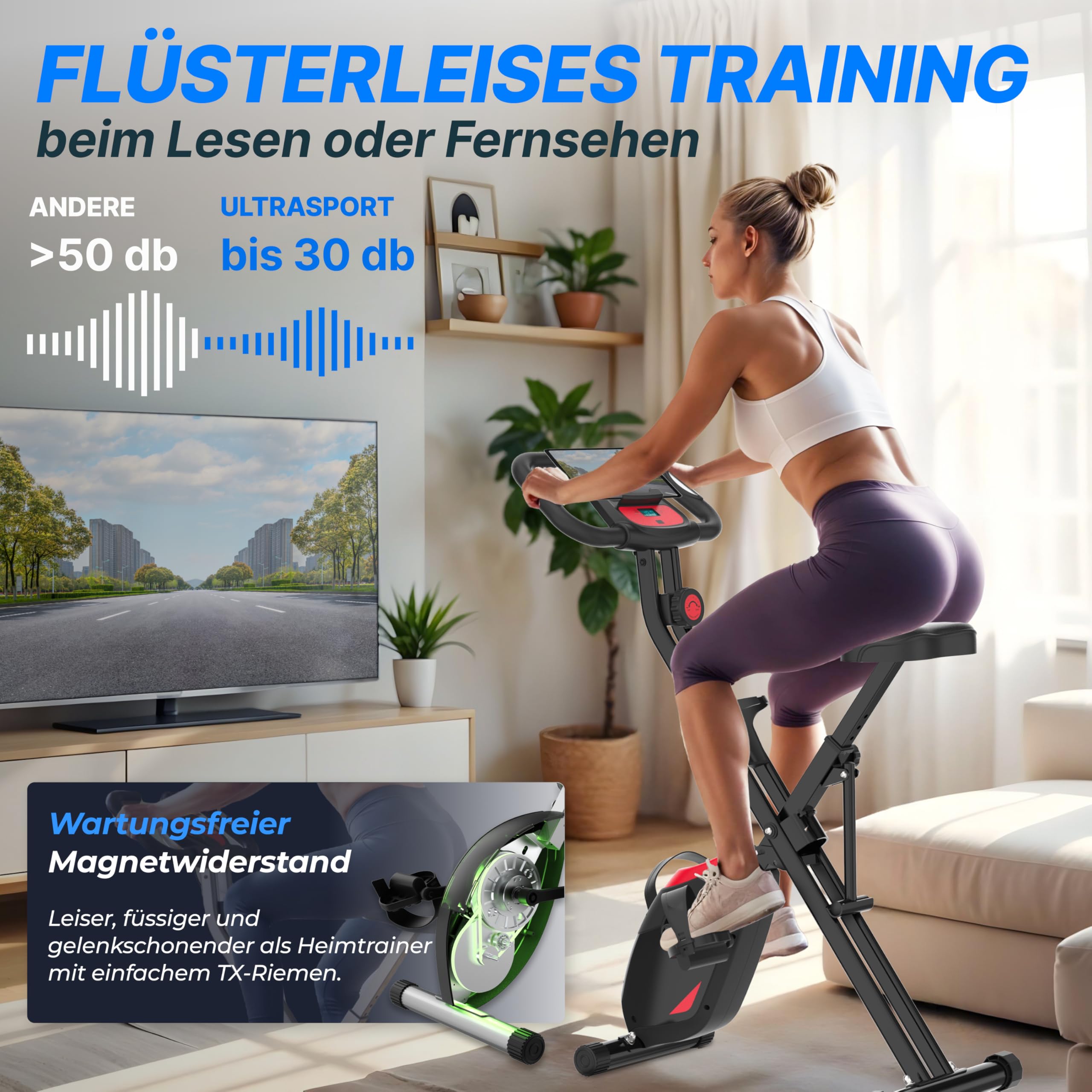 Ultrasport F-Bike Pro Cyclette da Casa Pieghevole I Cyclette Pieghevole da Casa fino a 150 KG con 16 Livelli, Sella Extra Confortevole, Funzione App, LCD Display e Sensori, Cyclette da Camera