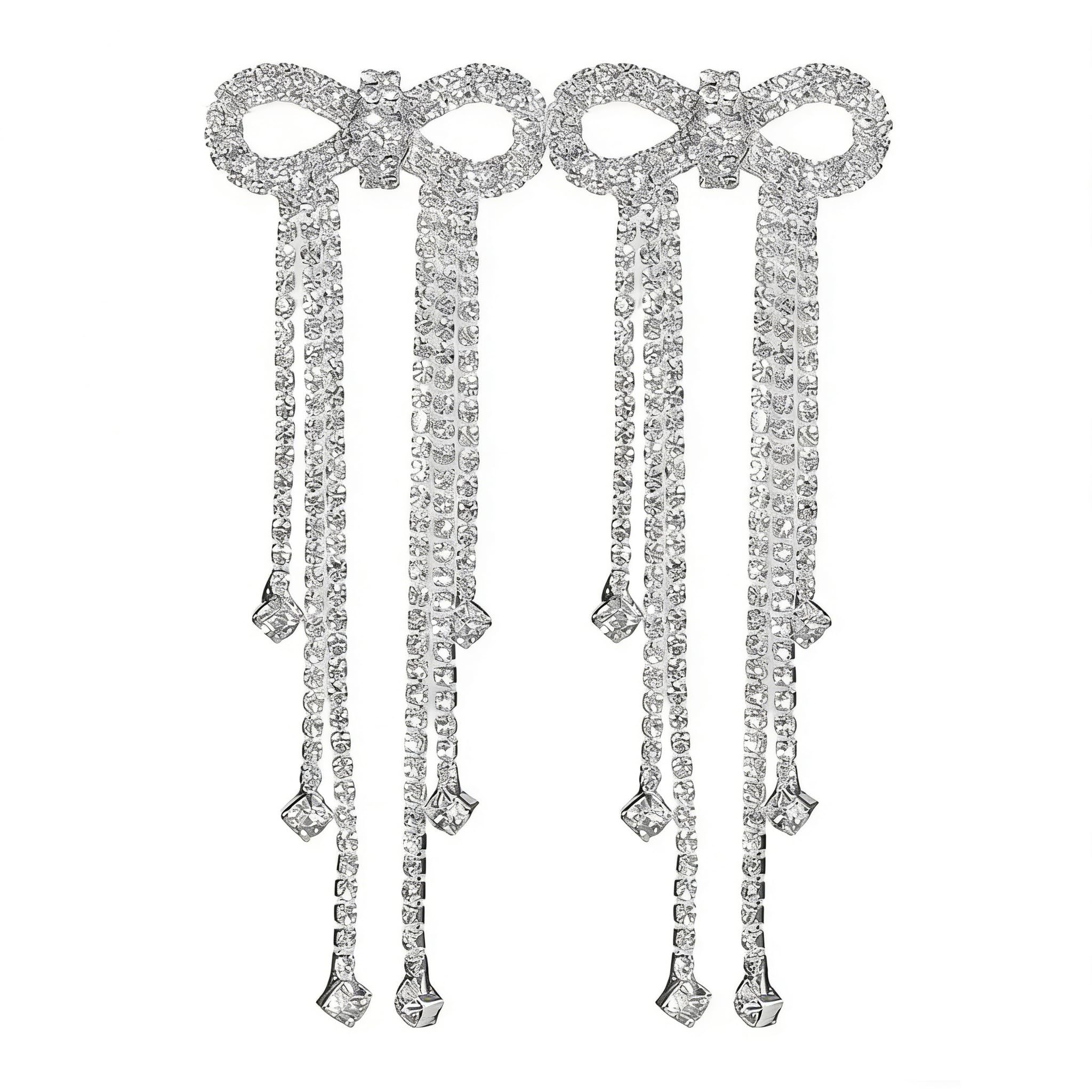 Bow Earrings for Women Rhinestone Tassel Dangle – Sparkly Crystal Bow Long Fringe Statement Earrings, Formal Party Wedding Hypoallergenic Jewelry Ideal Gift (916135S-W