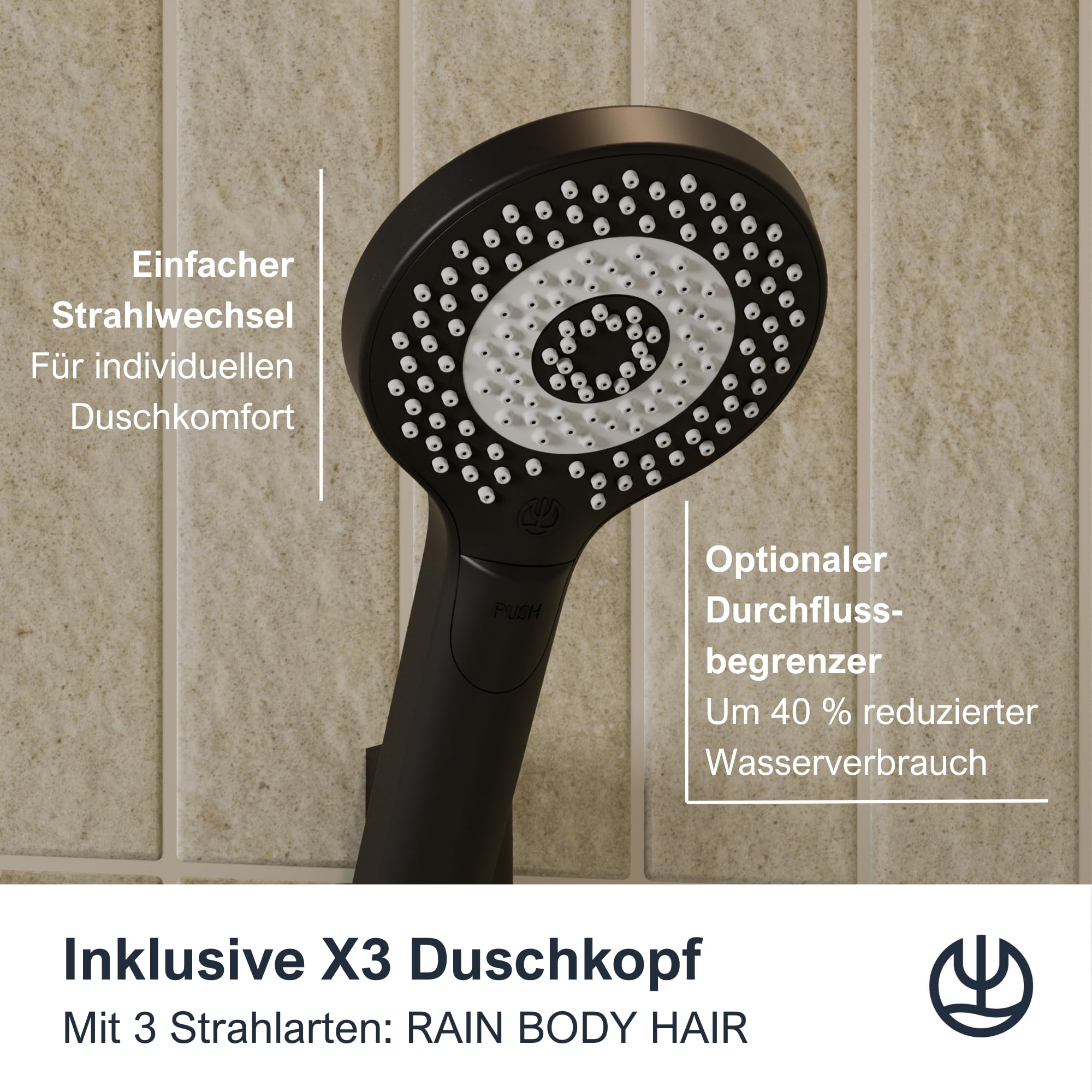 KLUDI-X1 Duschsystem mit Kopf- und Handbrause, Thermostat Dual Shower System, Mattschwarz, Wandmontage, Thermostatarmatur, Ø 250 mm Kopfbrause, 3 Strahlarten, 6906739-81