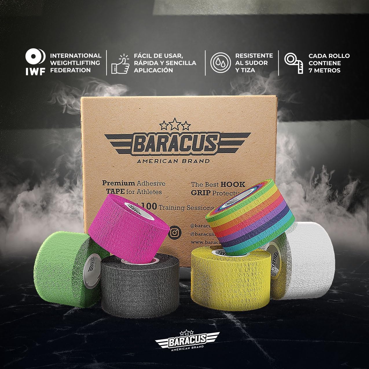 BARACUS Tape Crossfit Premium do podnoszenia ciężarów, bawełna elastyczna i odporna na wodę - bandaż sportowy, w komplecie z eleganckim opakowaniem, 7 m x 38mm (Canary Yellow)