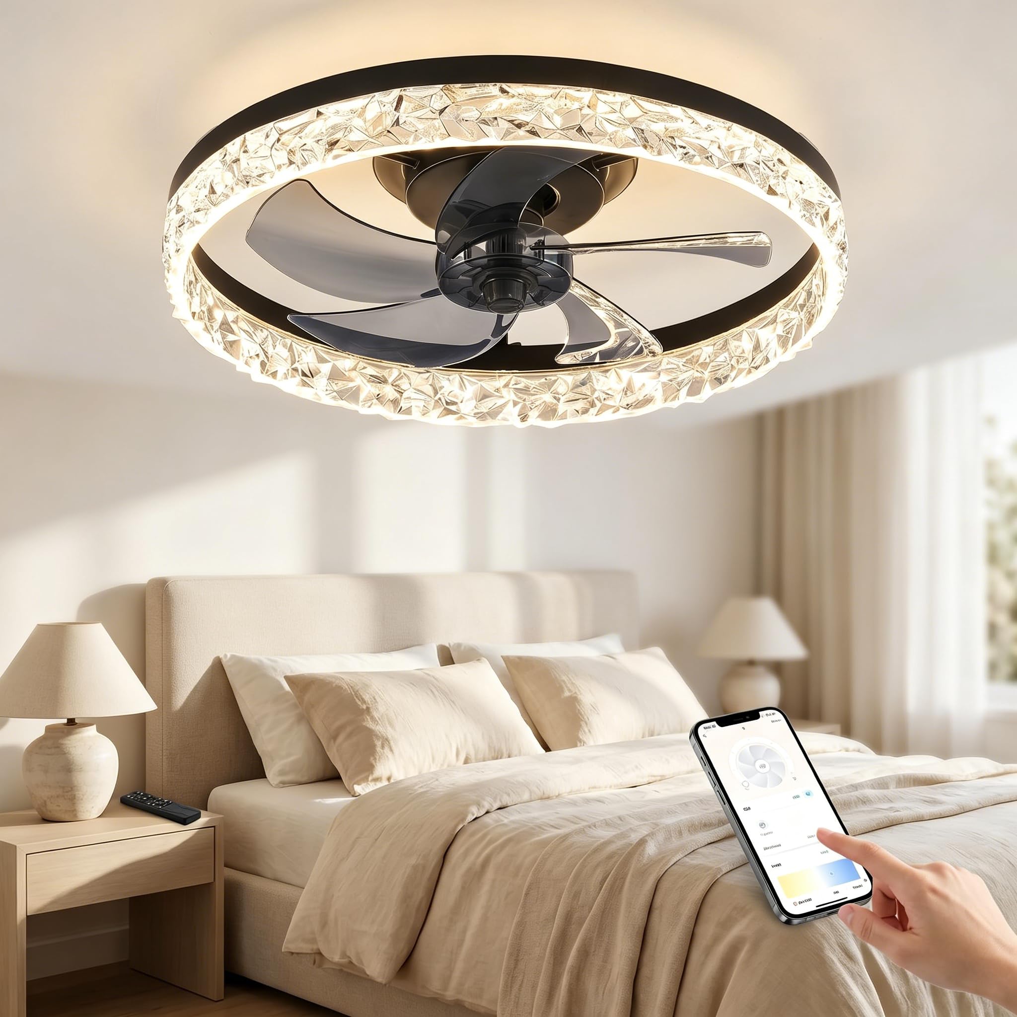 Panana 50cm LED Ceiling Fan with Light, Crystal Quiet Dimmable Small Fan Light, 6-Speed Reversible Fan, Timer Setting, APP & Remote & Wall Switch Memory for Bedroom Living Room (Black)