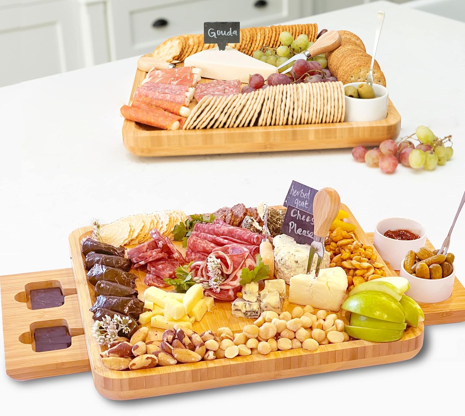 Prоduсt Dеаl Frux Natural Bamboo Cheese Board and Knife Set. Wood Charcuterie Board Set is Ideal Serving Tray for Cheese, Meat, Crackers and Wine. Bowls, Cutlery and Accessories Included. Perfect Housewarming Gift
