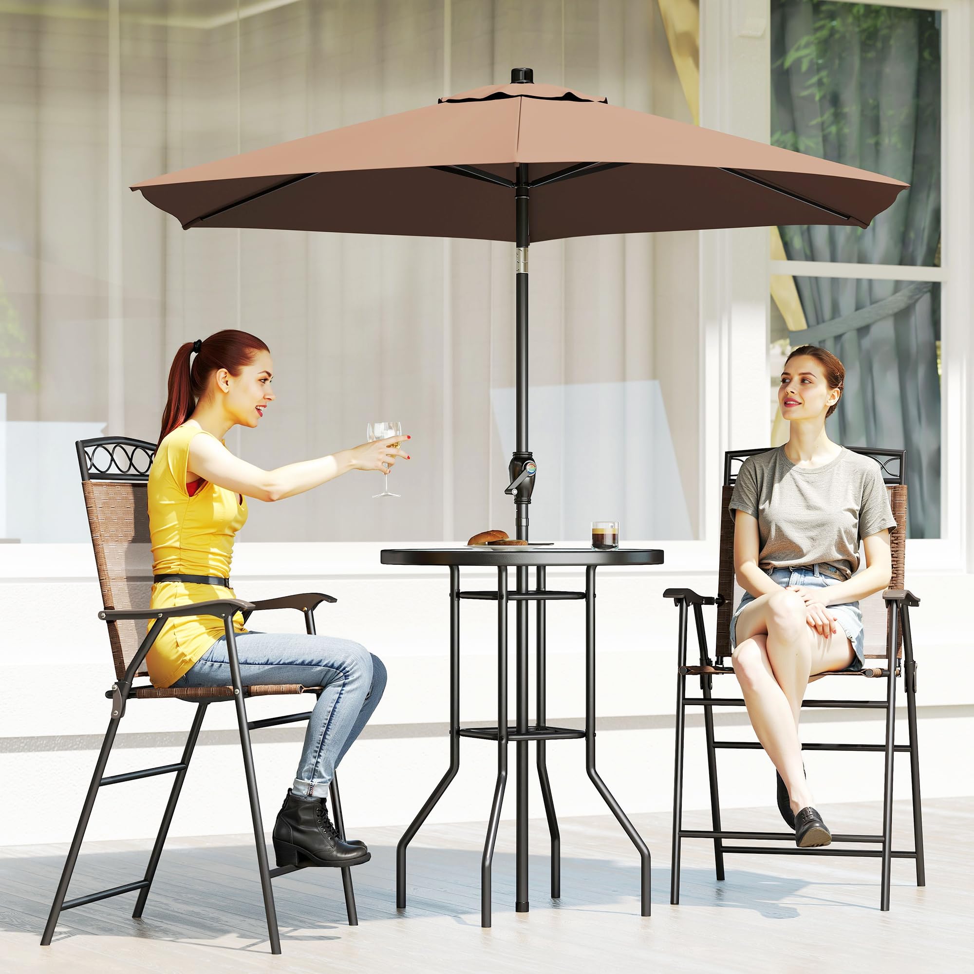 Juego de 4 muebles de comedor para patio al aire libre, 2 sillas plegables, paraguas de ángulo ajustable, mesa de comedor de vidrio templado con textura ondulada, color marrón 9