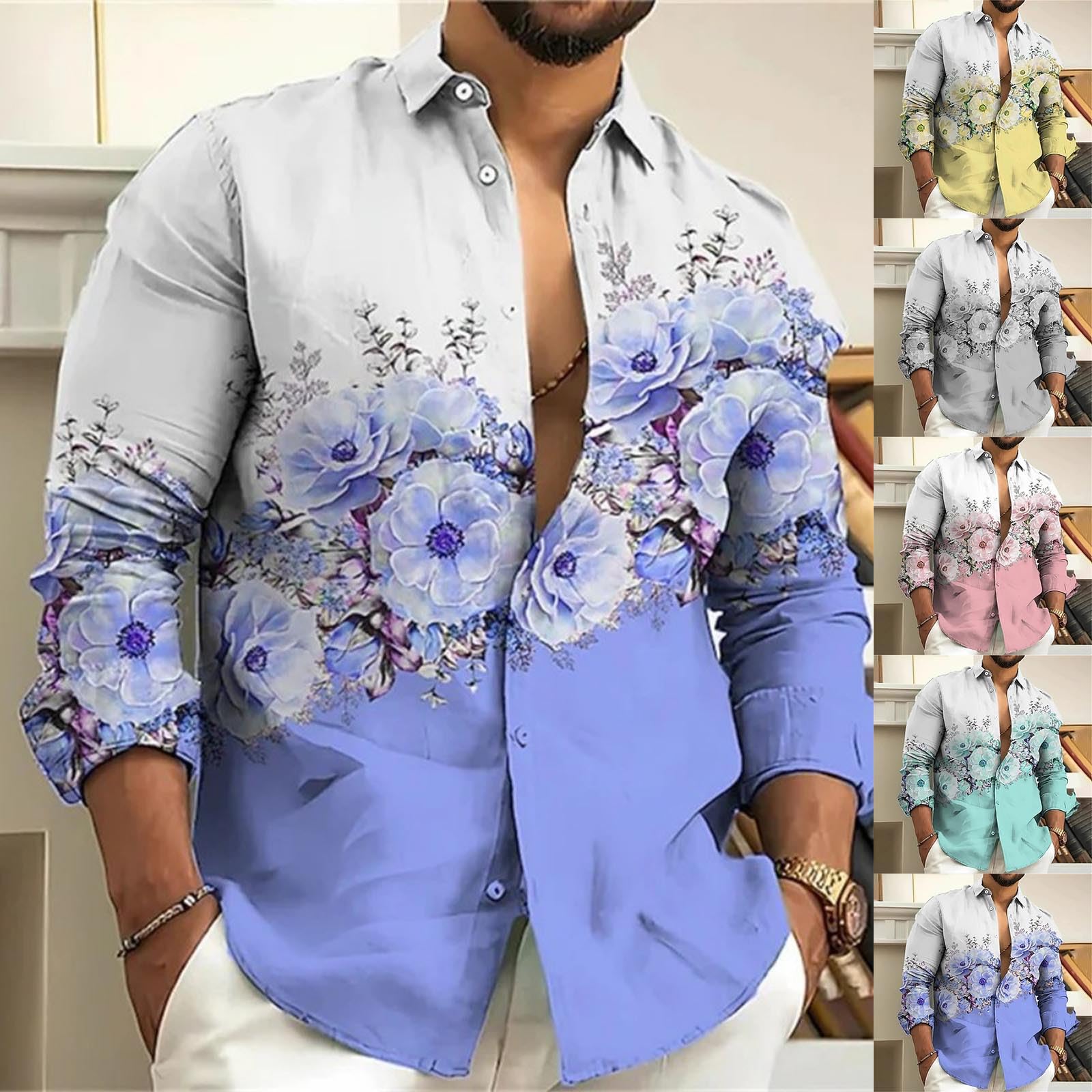 Camisa de manga larga para hombre, cuello alto, estampado de flores, camiseta de manga larga, corte holgado, estilo hawaiano, camisa de playa, camisa de leñador medieval, ligera y ventilada, camisa de