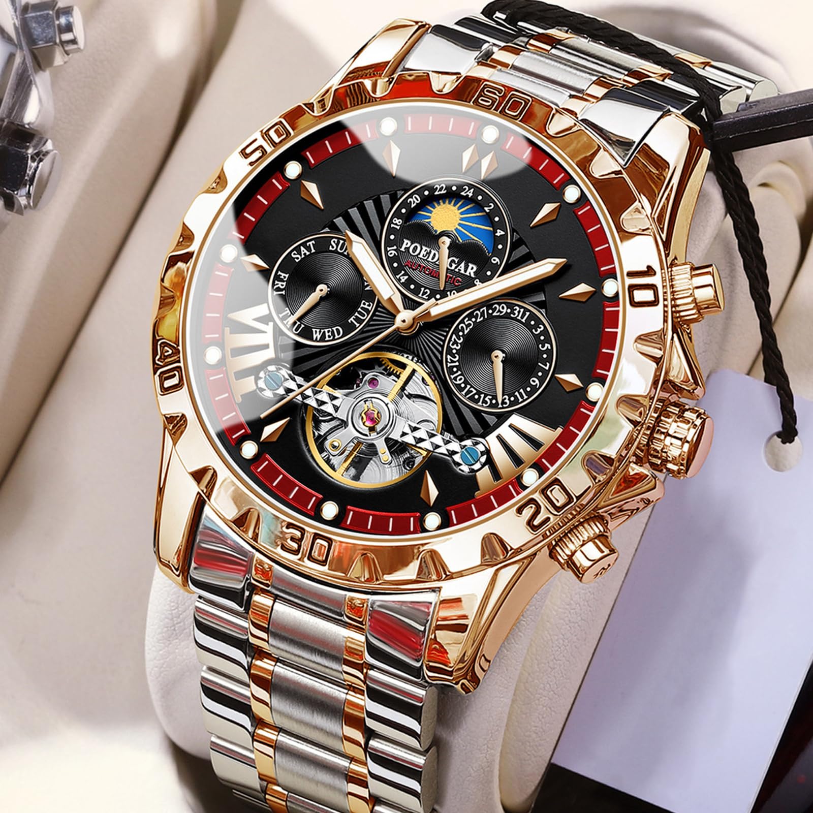 FORSINING Orologio da uomo Tourbillon automatico a carica manuale, cinturino in acciaio inox, fase lunare, orologi meccanici, visualizzazione della data analogica