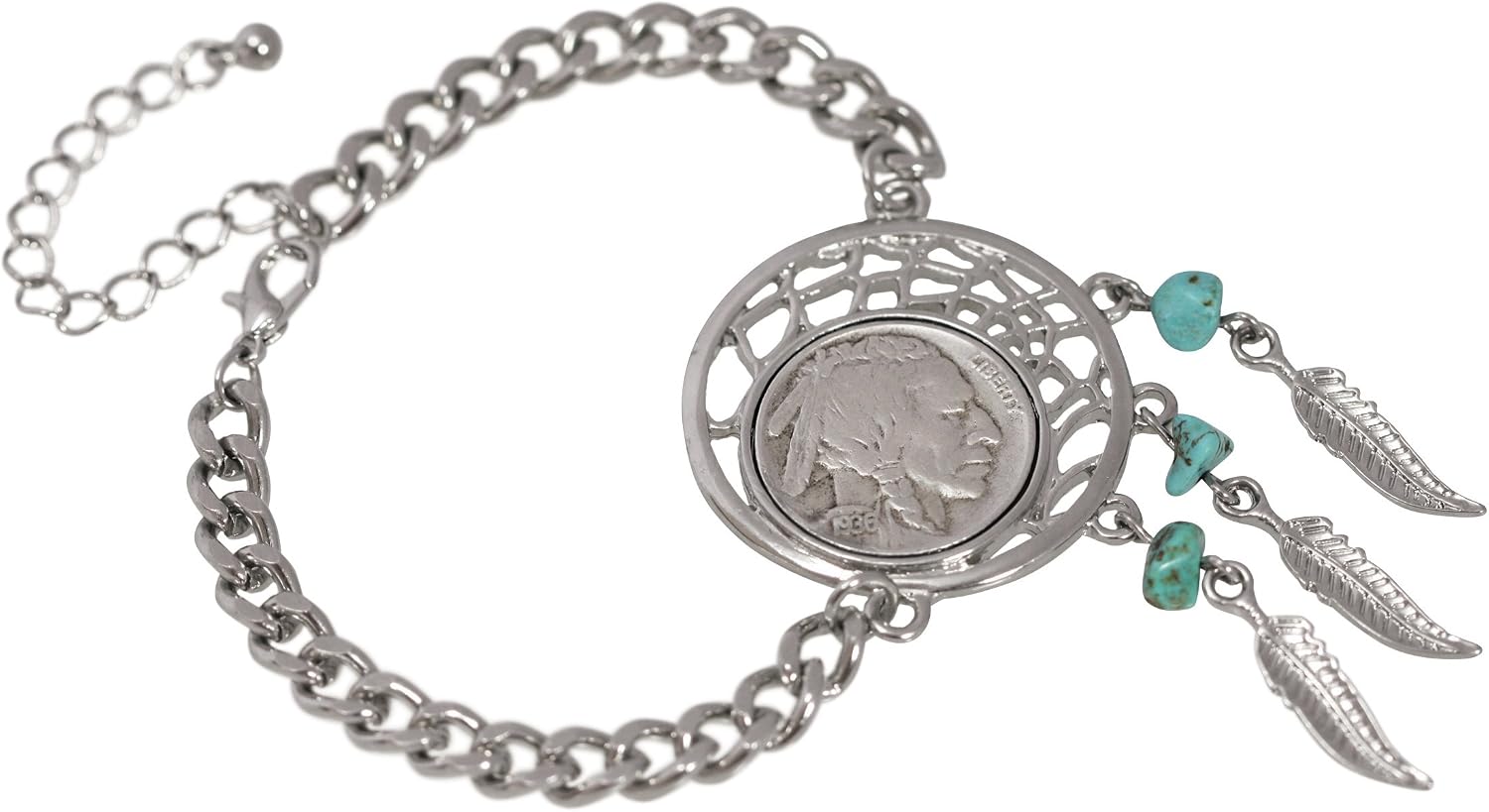 American Coin Treasures Buffalo Nickel Dream Catcher Coin Bracelet | Turquoise Beads | Cable Bracelet, Extender, Lobster Claw Clasp | Certificate of Authenticity