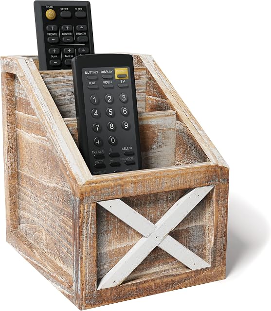 Barnyard Designs Rustic Vintage Wooden Desk Organizer Remotes Caddy Tabletop Desktop Office Supplies Desk Accessories Holder, 17 x 16.5cm (White/Brown)