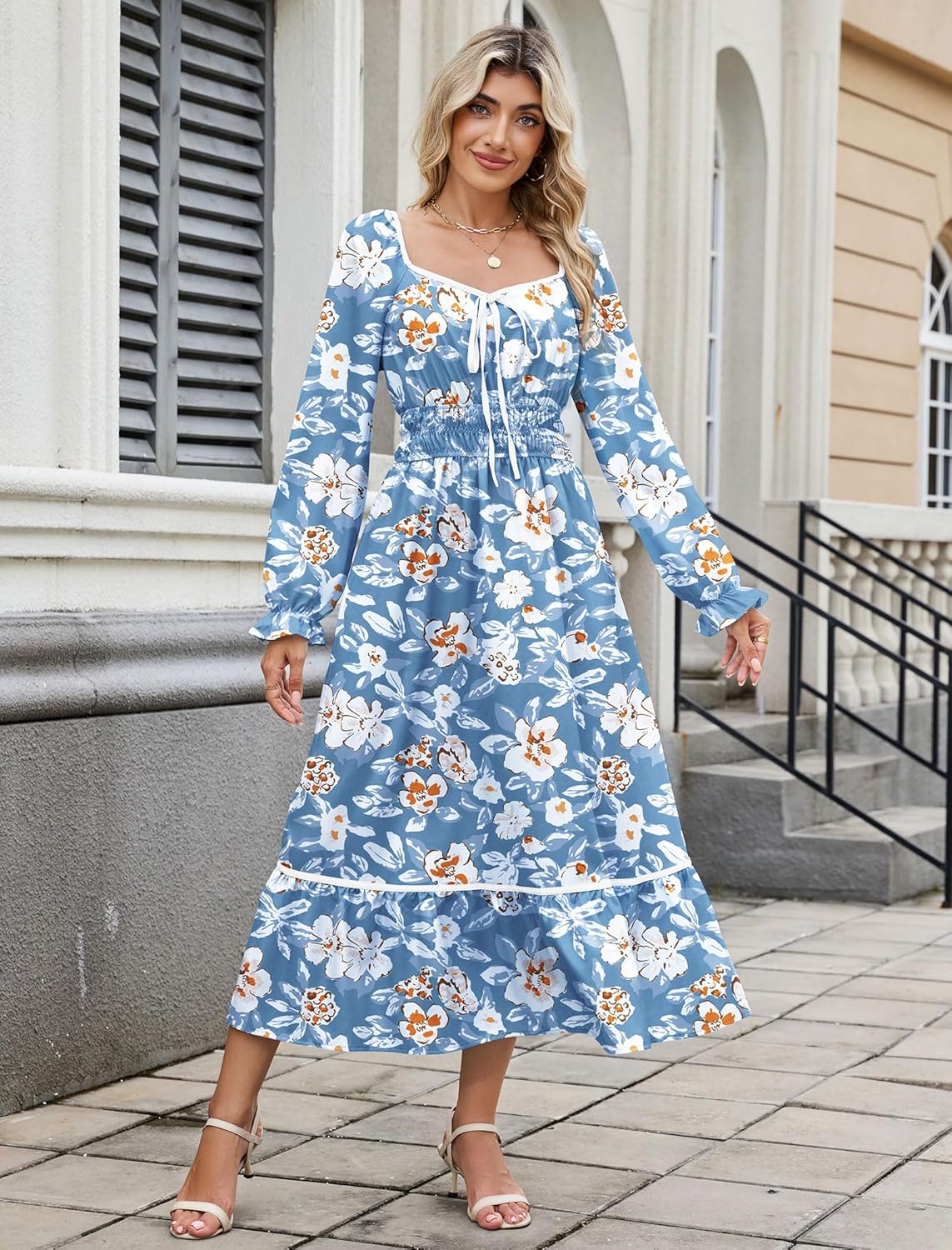 ZAFUL Women's 2025 Long Sleeve Square Neck Fall Boho Floral Midi Dress High Waist Flowy A Line Tiered Wedding Guest Dresses - Image 2