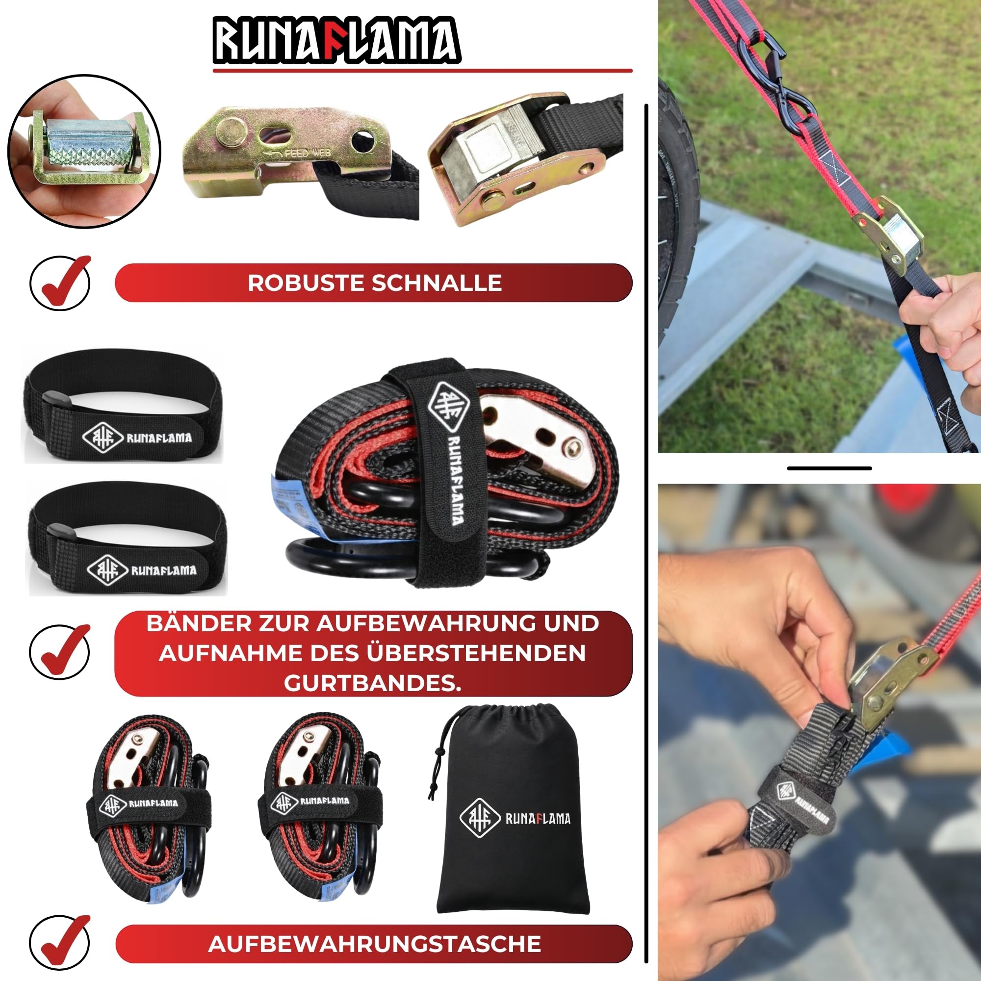 Motorrad Spanngurte 2er Set [550 kg Bruchlast & EN 12195-2 geprüft] – Zurrgurte mit Haken 1,9 m + 2 Zurrschlaufen – Spanngurt Set inkl. Tasche & Klettband (Für Transport & Motorradträger) - 3