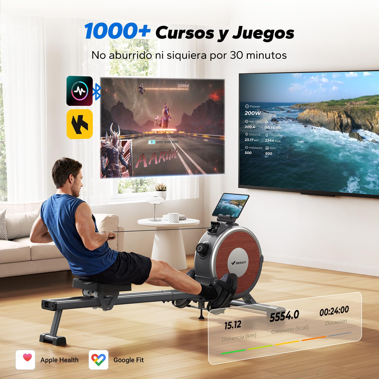 MERACH Máquina de Remo para Casa, 16 Niveles de Resistencia, Remo Magnético Silencioso con App Exclusiva, Rieles Dobles Mejorados para Mayor Estabilidad(Gris)
