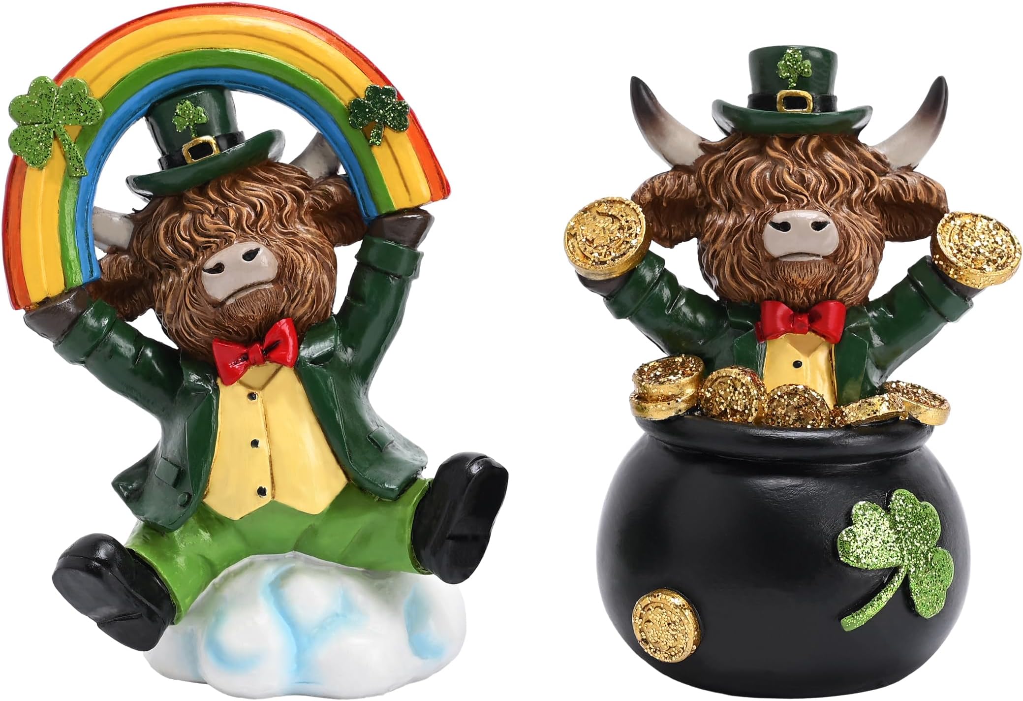 Valery Madelyn St Patricks Day Decorations for Home, 2Pcs Highland Cow Decor with Shamrock Pot of Gold, Irish Resin Leprechaun Figurines St Patricks Day Tiered Tray Decoration Table Centerpiece, 3"