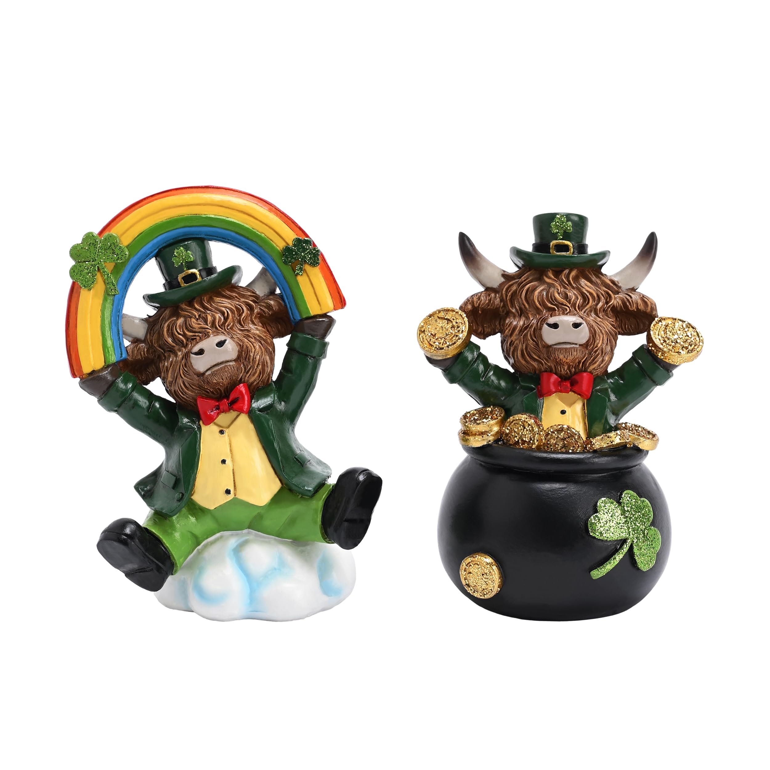 Valery Madelyn St Patricks Day Decorations for Home, 2Pcs Highland Cow Decor with Shamrock Pot of Gold, Irish Resin Leprechaun Figurines St Patricks Day Tiered Tray Decoration Table Centerpiece, 3"