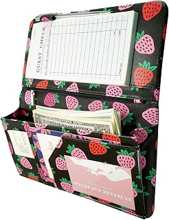 Zreal Cute Server Book for Waitress, Waiter Book with Zipper and Magnetic Pocket, Serving Book for Waitstaff in Restaurants, Leather Waitstaff Organizer Fits Server Aprons(Black Strawberry)