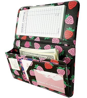 Zreal Cute Server Book for Waitress Waiter Book Serving Book Wallet | with Zipper & Magnetic Pocket, PU Leather, 4.7x 9, Fits Server Aprons, for Restaurants Bars & Cafes, Black Strawberry