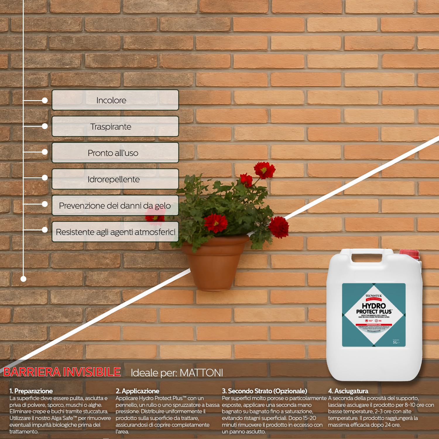 HydroProtectPlus Impermeabilizzante Terrazzi Nanotecnologico Trasparente - Idrorepellente per Pietra, Marmo, Cotto, Cemento, Mattoni - Traspirante Impermeabile per Piastrelle per Esterno (5 LITRI)