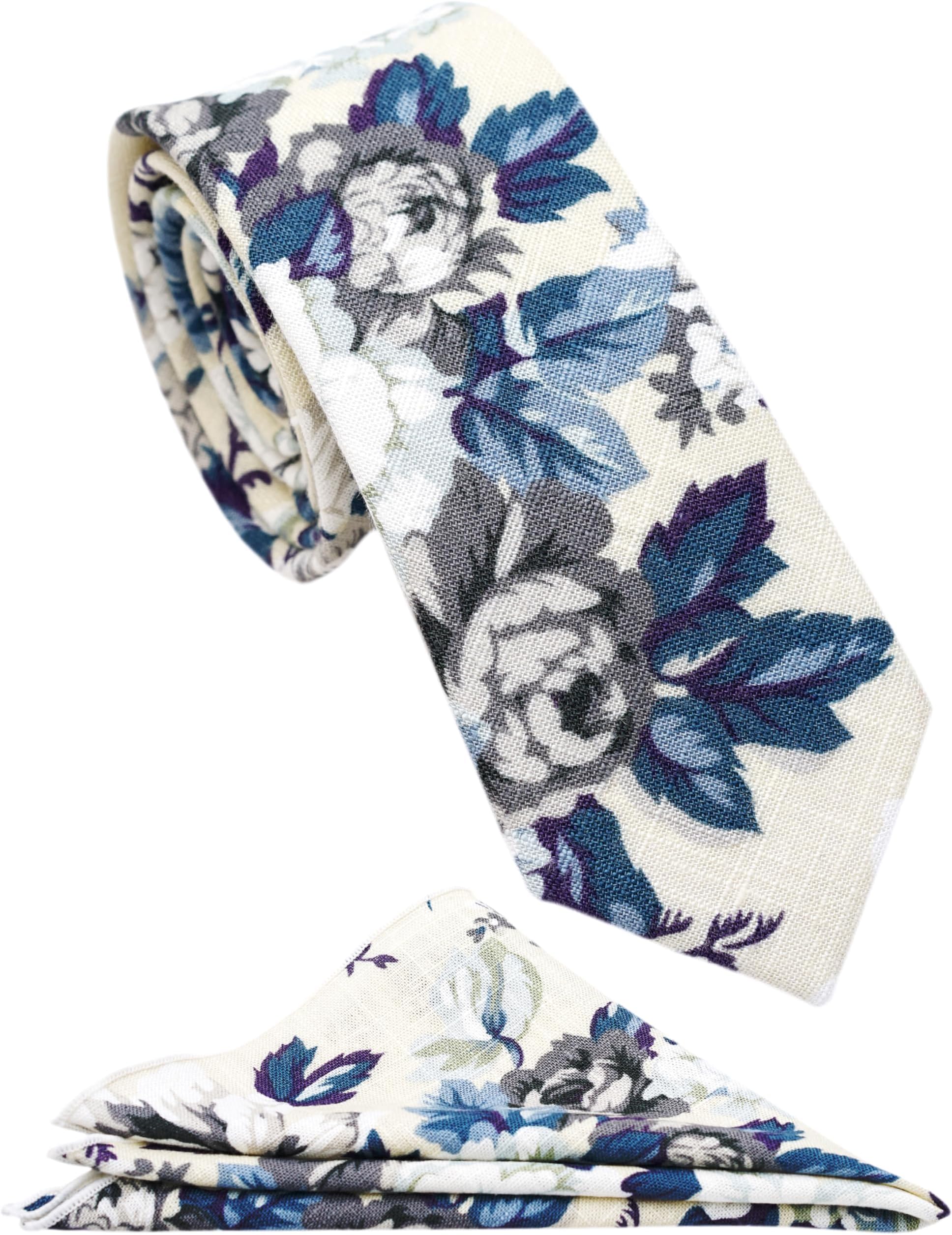 Mens Casual Skinny Floral Tie Combo Set with Flower Pocket Square 2½" Cotton Necktie Hand Made