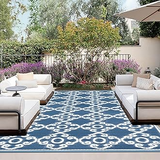 OutdoorLines Outdoor Reversible Rugs for Patio 4x6 ft - Outside Plastic Carpet, Stain & UV Resistant RV Mat, Straw Rug for Camping, Backyard, Deck, Picnic, Porch Moroccan Flower Grayish Blue & White