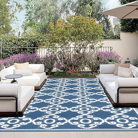 OutdoorLines Outdoor Reversible Rugs for Patio 5x8 ft - Outside Plastic Carpet, Stain & UV Resistant RV Mat, Straw Rug for Camping, Backyard, Deck, Picnic, Porch Moroccan Flower Grayish Blue & White