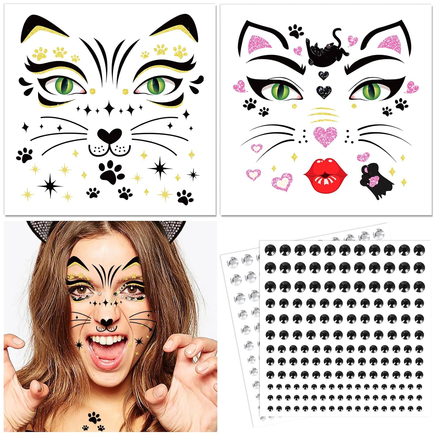 DPKOW Halloween Black Cat Face Tattoos+Face Gems for Halloween Face Makeup