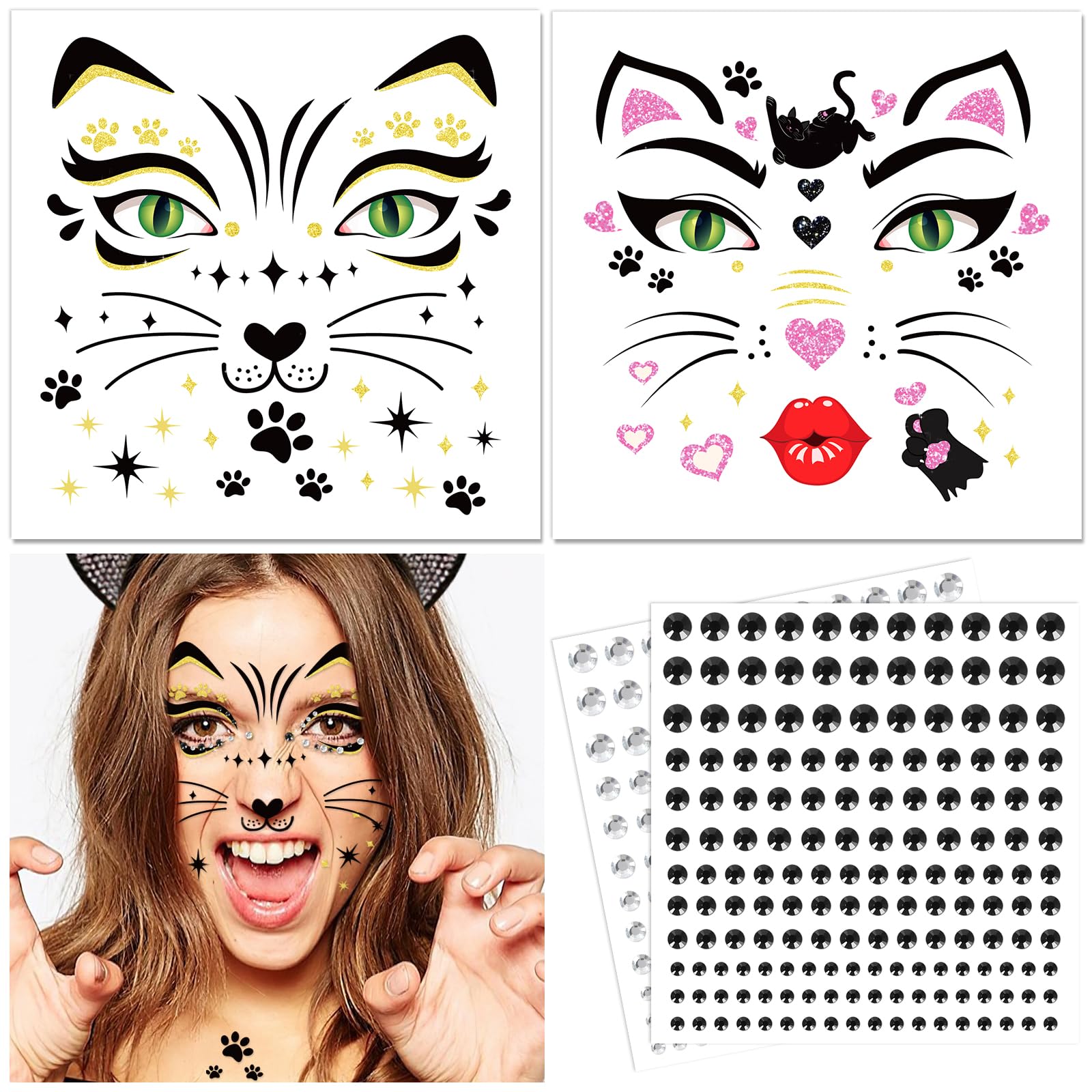DPKOW Cat Tattoos Face Carnival Women Children Temporary Tattoos Glitter Stones Face Halloween Tattoo Make-Up Cosplay Fancy Dress Costumes Carnival Accessories Waterproof