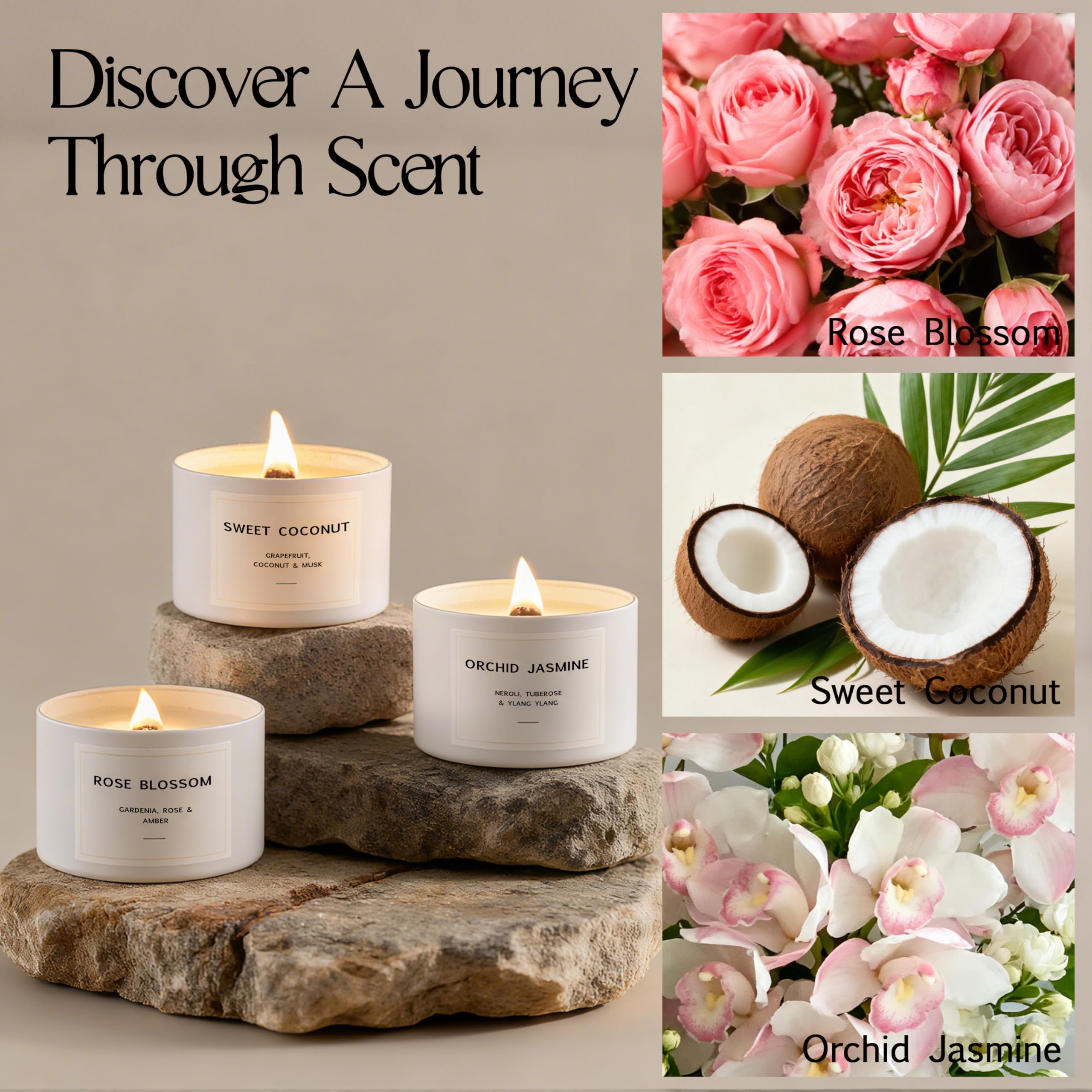 LaurGifts Duftkerzen Geschenkset - 3 Premium Floral Soja-Kerzen in luxuriöser rosa Box - Orchidee & Jasmin, süße Kokosnuss, Blütenrose - Entspannungsgeschenk für Frauen, Geburtstag, Spa & Zuhause