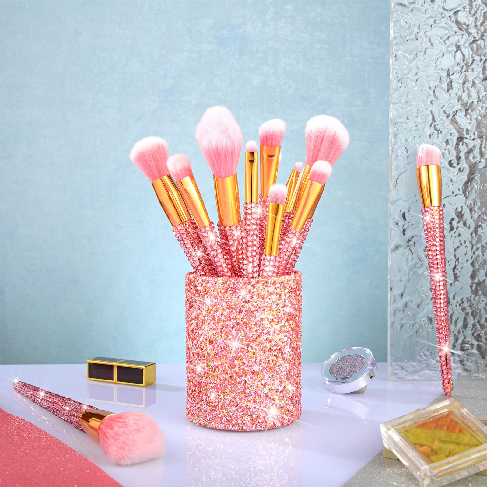 Rtteri 13 Pcs Rhinestone Makeup Brushes Set Yellow Bling Crystal Professional Face Cosmetics Blending Liquid Foundation Powder Concealer Eye Shadows Make up Beauty Tool Glitter with Holder
