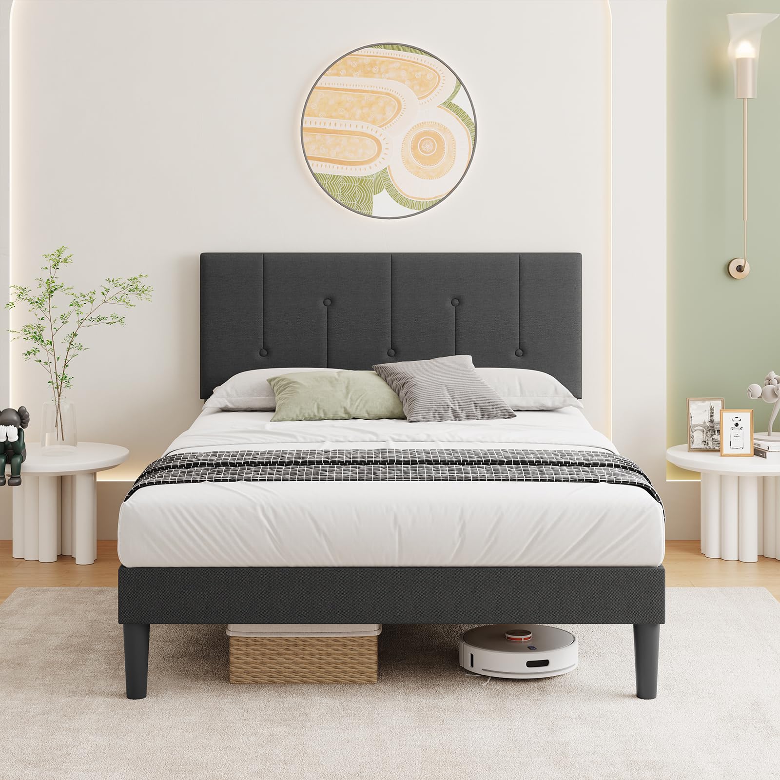 Vesgantti Velvet Small Double Bed Frame with Adjustable Wing Edge Headboard,Solid Wooden Slats & Upholstered Platform,Easy Assembly,Under Bed Storage,4FT Small Double Bed,120 x 190 cm,Light Grey