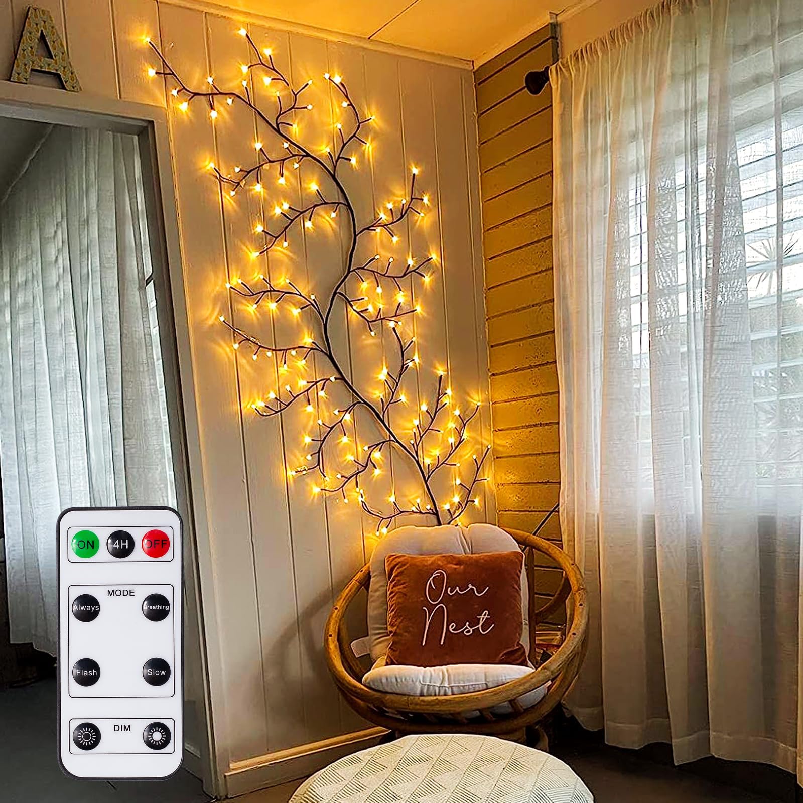 GOESWELL Verzauberte Weidenrankenlichter mit Fernbedienung: 2,5 m 144 LEDs, braune Zweige, Baumzweig-Lichter mit Timer-Dimmer für Innenbereich, Wohnzimmer, Schlafzimmer, Wald, Boho, Bauernhaus