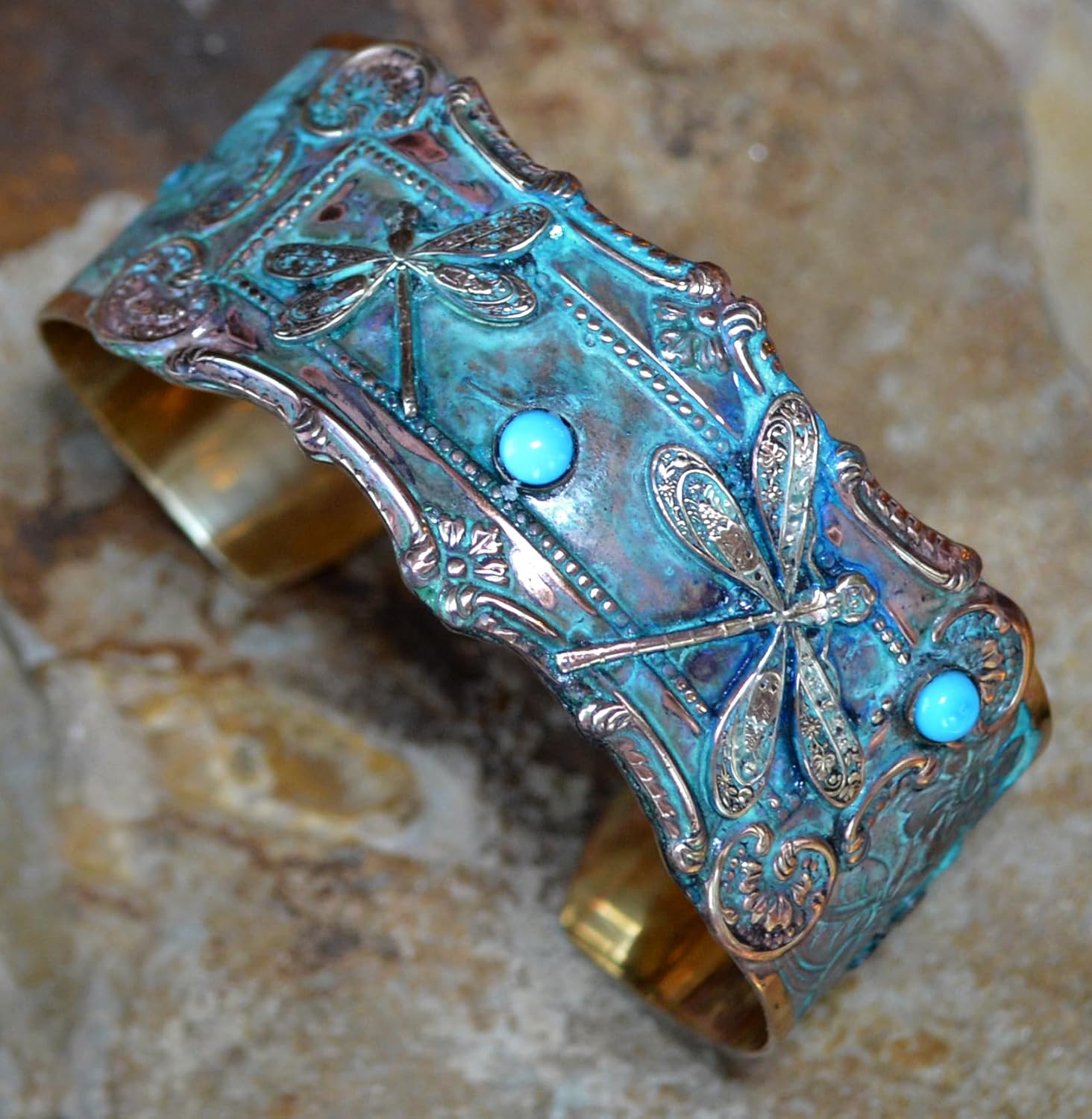 Elaine Coyne Collectible Artwear - Dual Dragonfly Cuff Bracelet with Sleeping Beauty Turquoise - Image 2