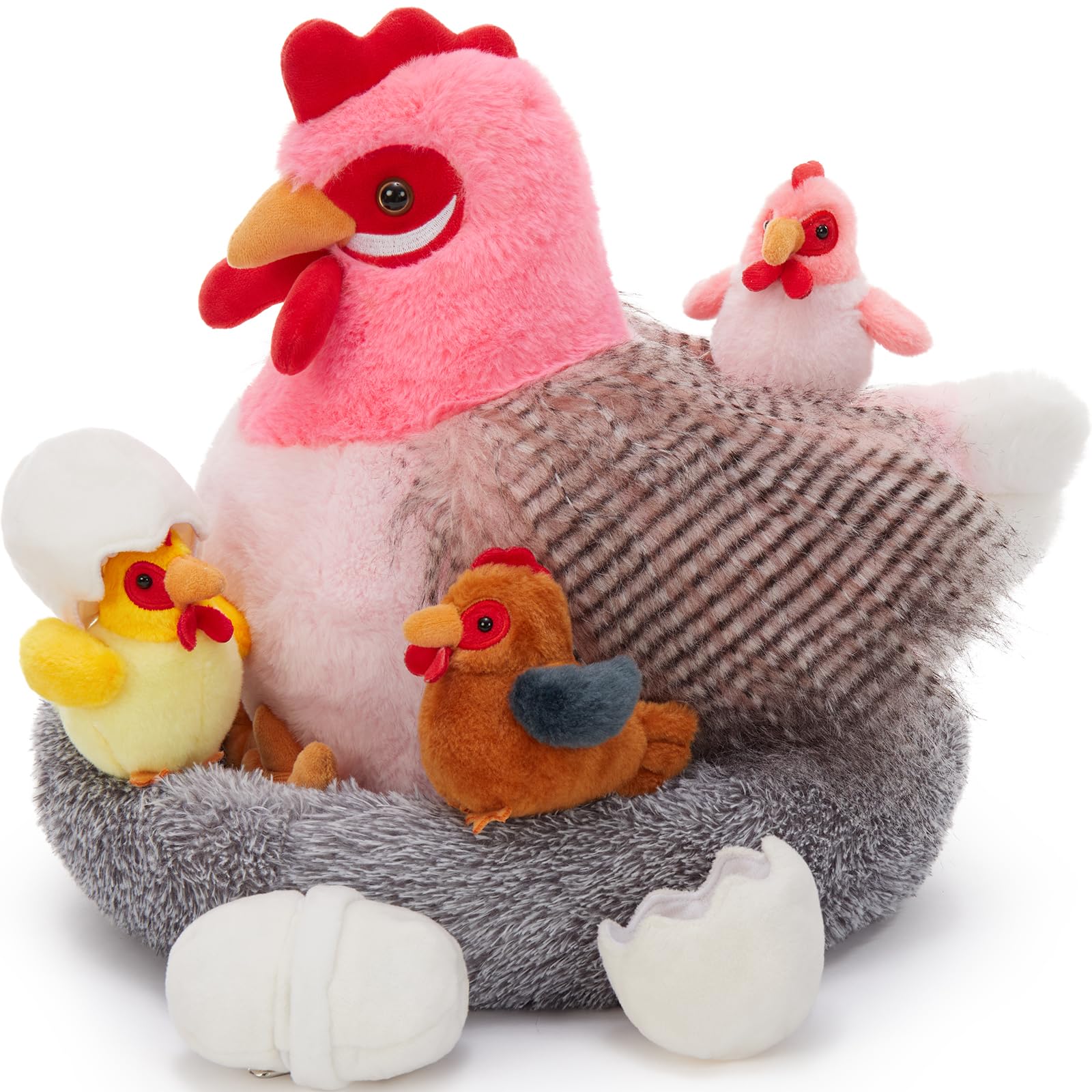 8Pcs Chicken Stuffed Animal, Stuffed Pink Hen with Little Baby Chicks and Coop, Plush Toys for Kids, Hit of Christmas Farm Party