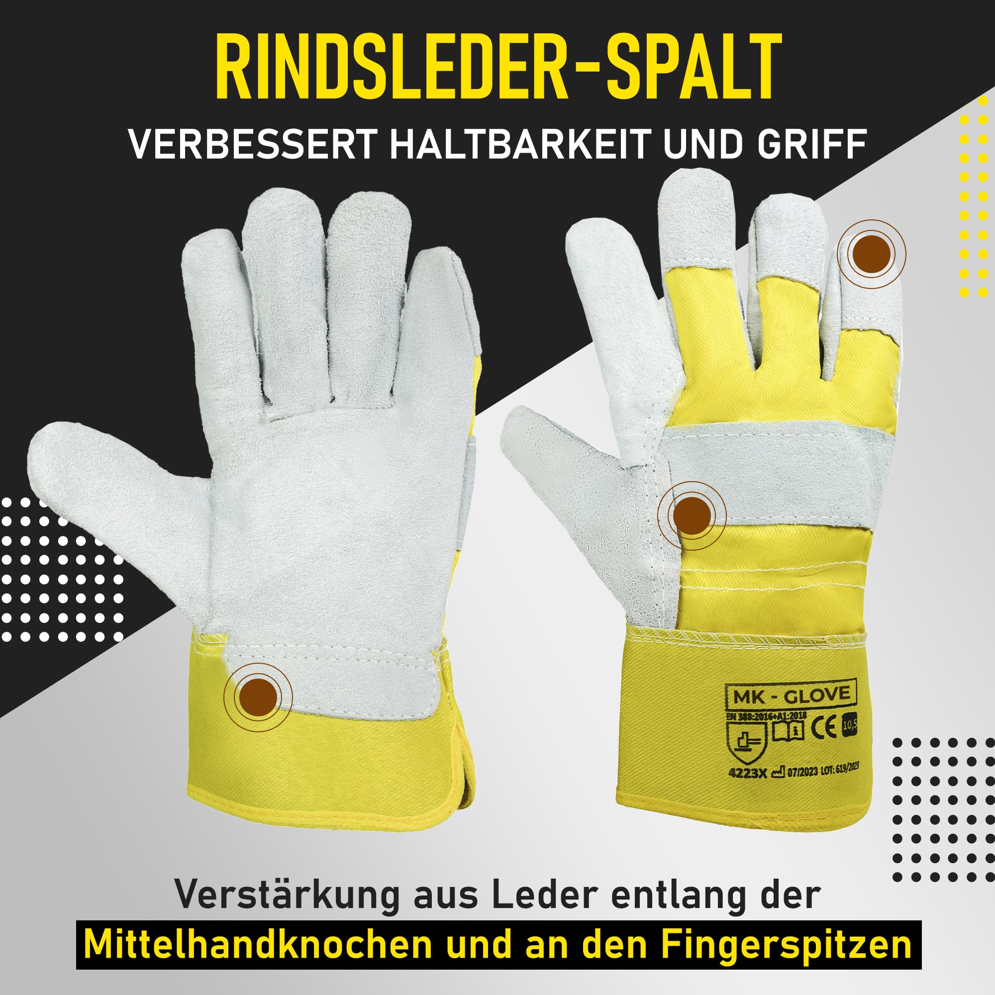 Robuste Arbeitshandschuhe Leder Herren - Größe 10,5-XXL, 12 Paar | Gartenhandschuhe mit Doppel Weiche Nähte, Handschuhe mit Handschuhanzieher für Baustelle Logistik