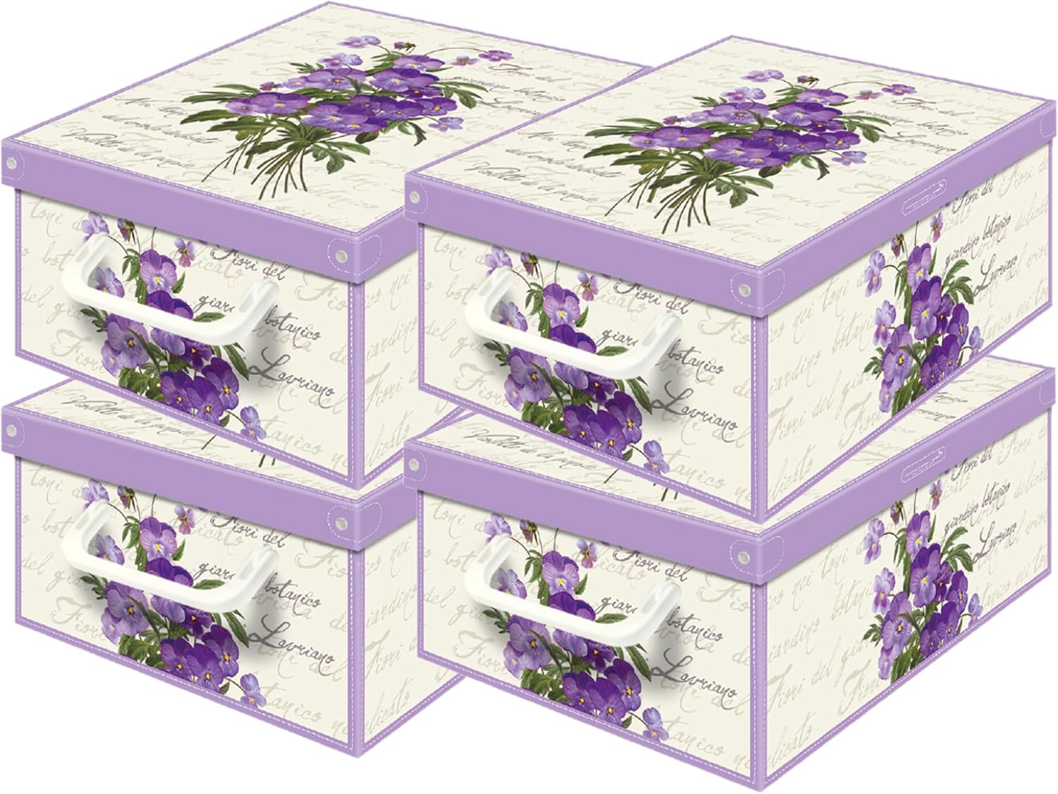 Set of 4 Storage Boxes with Lids - Large Cardboard Clothes Boxes 25 x 35 x 17.5 cm - Robust, Easy to Assemble, with Carry Handles - Perfect for Wardrobe & Season Change Violets