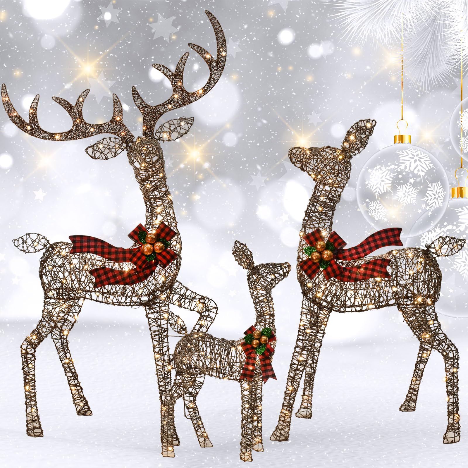 Lot de 3 décorations de Noël d'extérieur en rotin - Cerf lumineux en rotin avec 210 LED - Kit de décoration de cour extérieure avec 3 cerfs lumineux - Marron