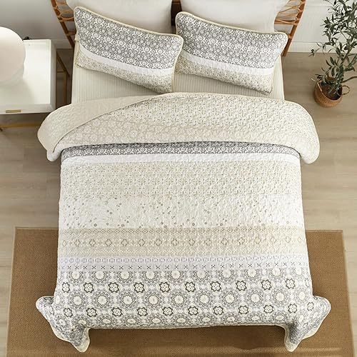 Miniatura 10 de WONGS BEDDING Juego de edredón bohemio gris, tamaño Queen, juego de colcha de verano con 2 fundas de almohada, juego de ropa de cama bohemia de