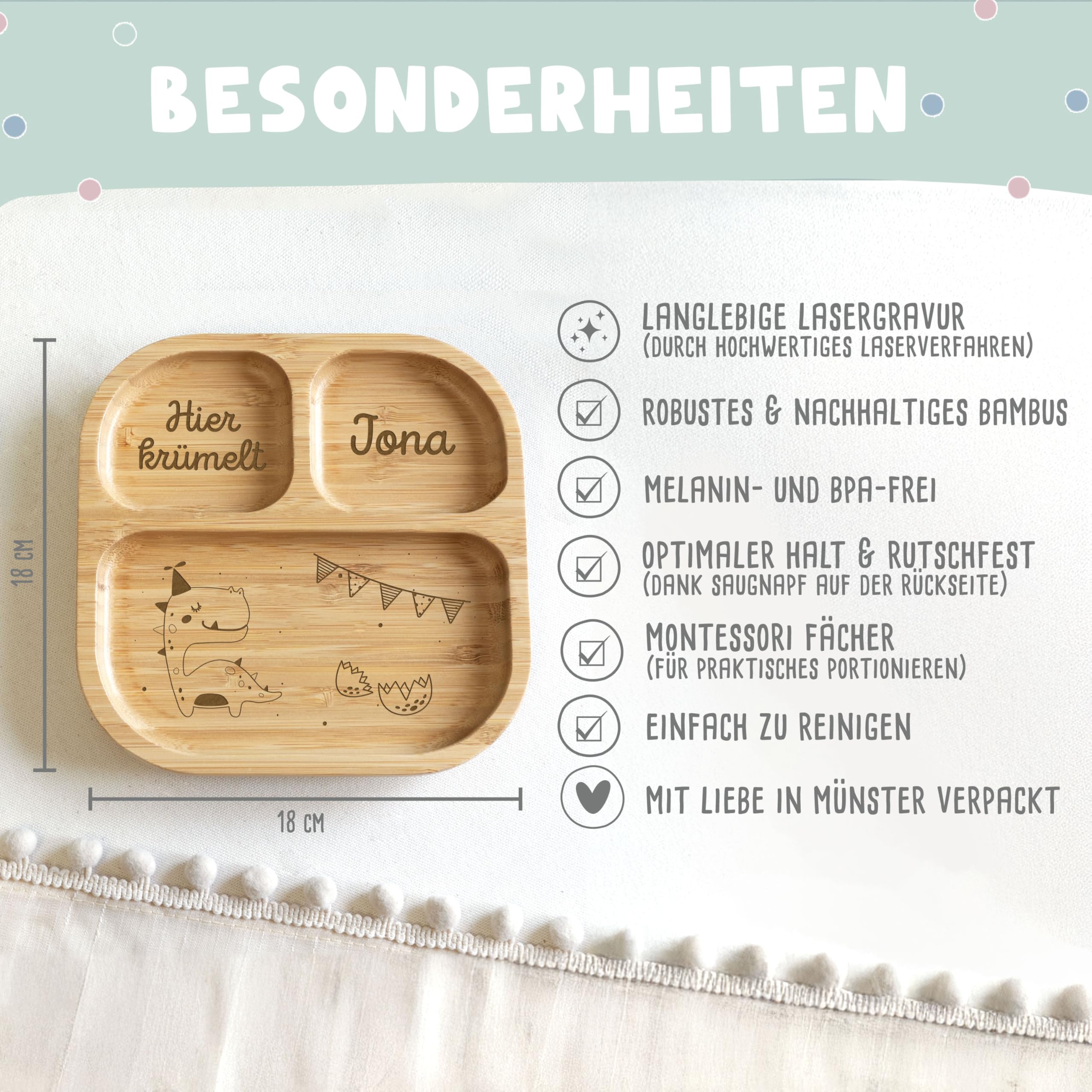 hellomini Personalisierter Babyteller mit Saugnapf – Individueller Kinderteller aus hochwertigem Bambusholz – Geschenk zur Geburt & Taufe – BPA-frei (Dino, Nur Teller)