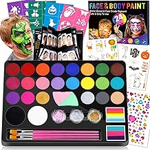 Drawdart Face Painting Kit for Kids - 24 Colors Water Based Non Toxic Face Paint Kit, Professional Face Paint for Kids with Stencils &amp; Brushes - Parties, Birthdays, Halloween Face Body Makeup Kit