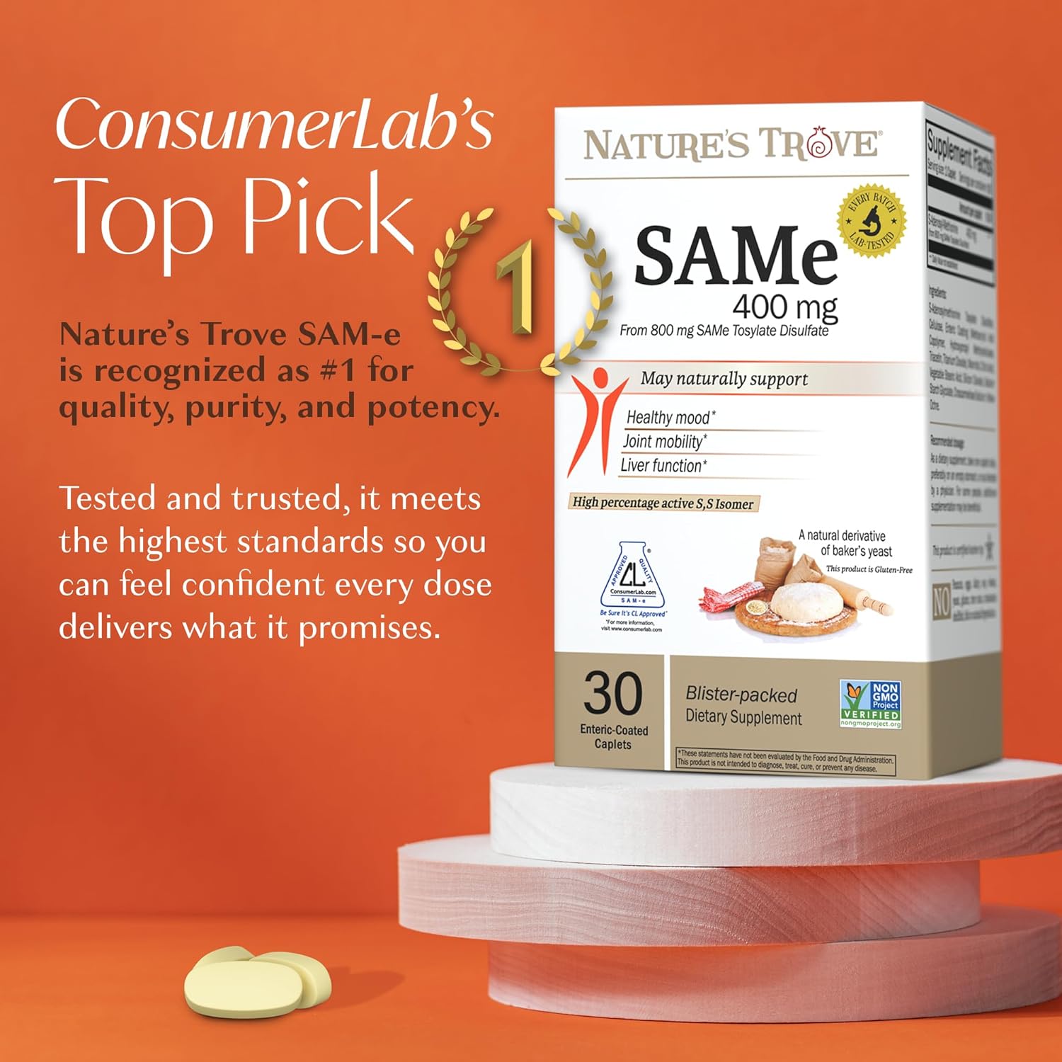 Nature's Trove SAM-e 400mg 30 Enteric Coated Caplets. Vegan, Kosher, Non-GMO, Soy Free, Gluten Free - Mood and Joint Support - Cold Form Blister Packed. - Image 2