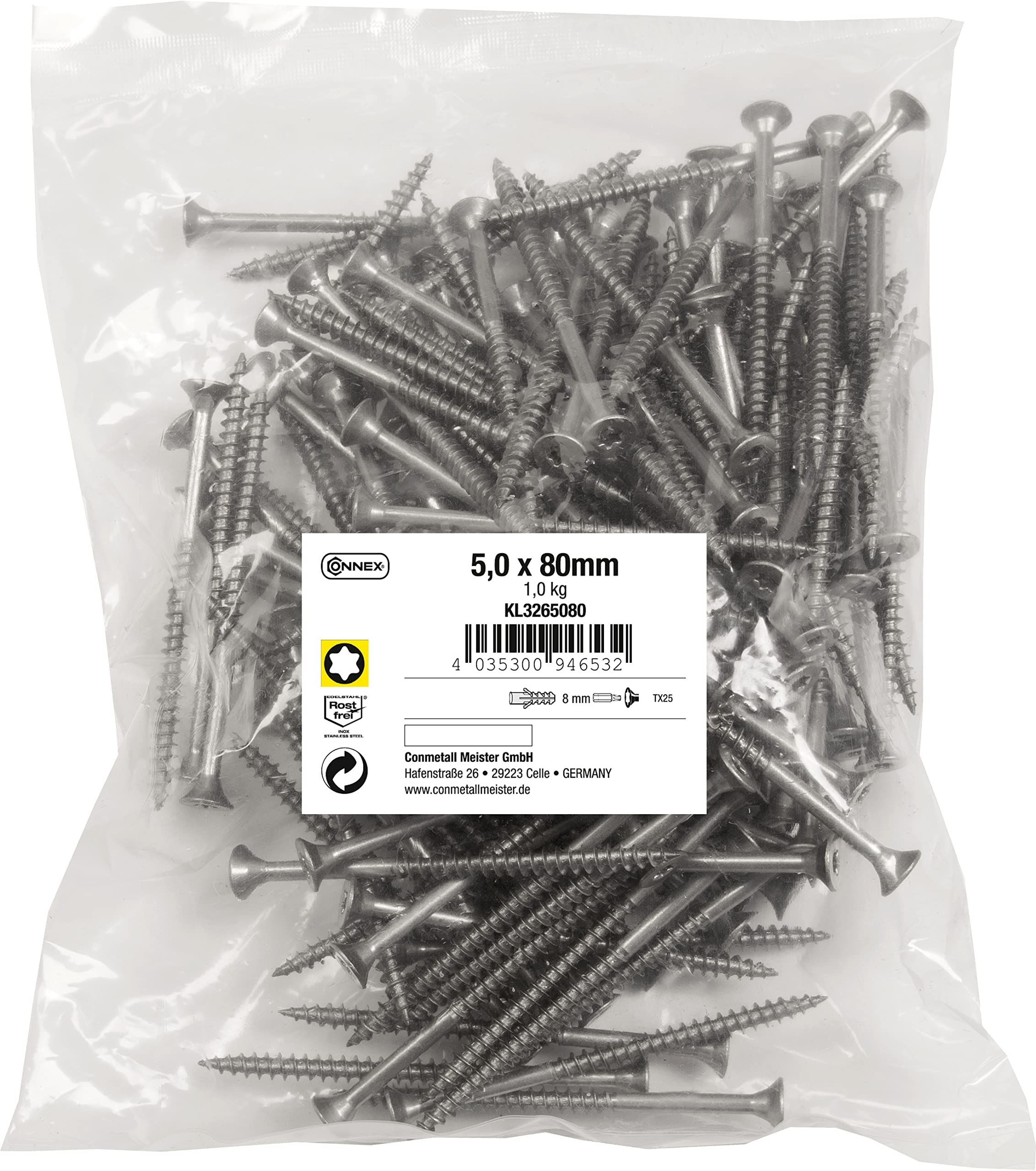 Connex KL3265080 Universal Screws 5.0 x 80 mm, 1 kg Bulk Pack, Countersunk Head, TX Drive, Partial Thread