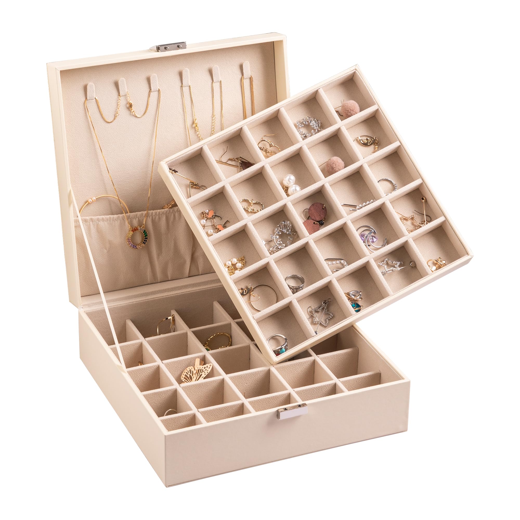 Frebeauty Earring Organizer Classic Jewelry Box 50 Slots Double Layer Jewelry Storage Case with 6 Necklace Hook and Bracelet Pocket(Beige)