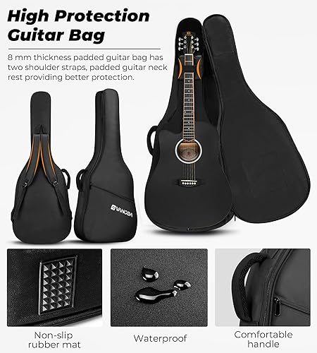 Vista 6 de Kit de guitarra electroacústica Vangoa para zurdos, tamaño completo, para principiantes adultos, con EQ de 4 bandas incorporado, bolsa, afinador