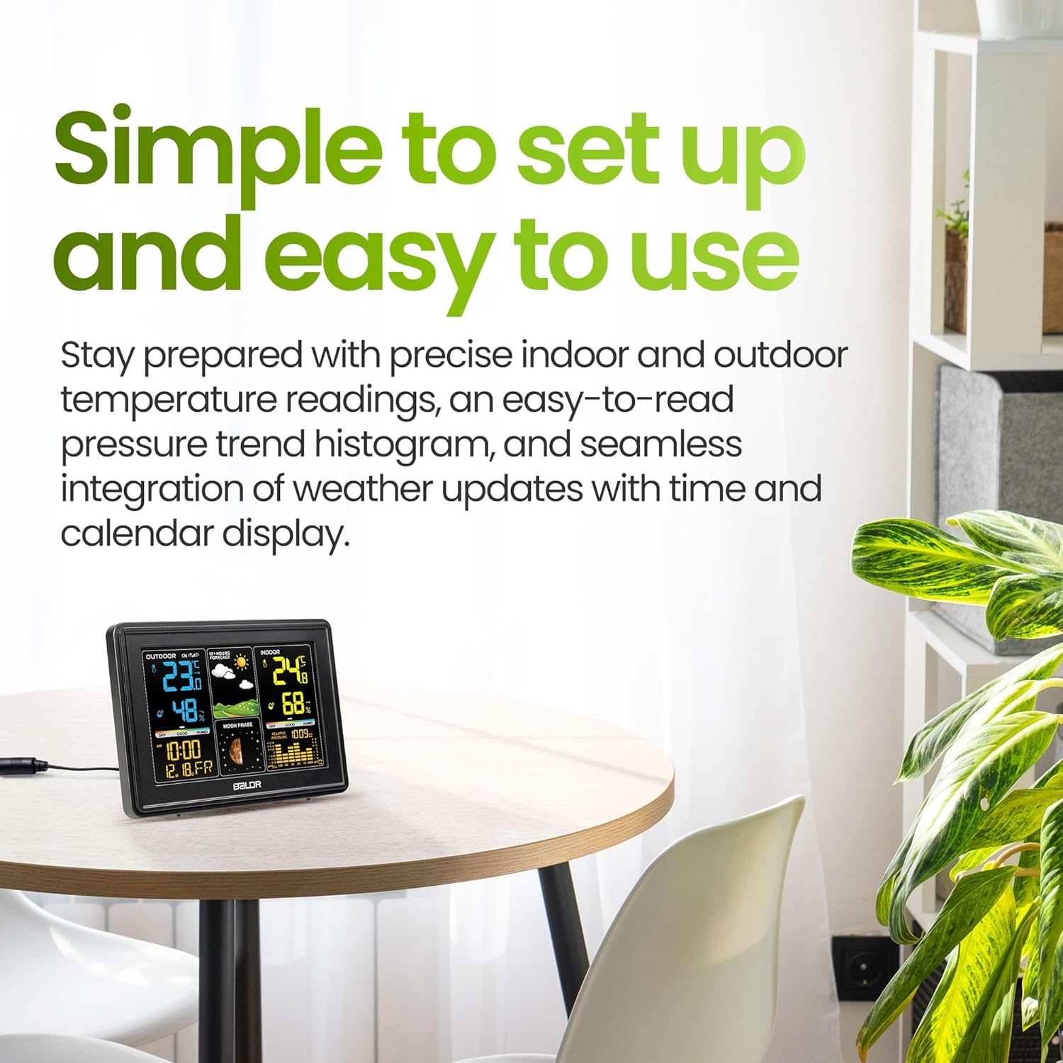 BALDR Wireless Digital Weather Station - Indoor Outdoor Thermometer Wireless Home Weather Station with Remote Sensor, Atomic Alarm Clock, Moon Phase & Barometric History Display, Weather Clock