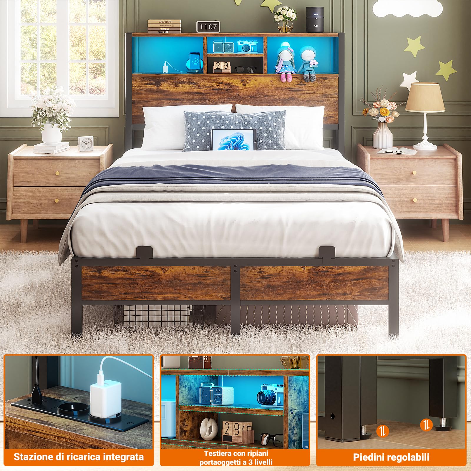 iSunirm Testiera per letto ripiani portaoggetti da 102 cm, testiera con prese di corrente, porte USB e Pype C, luce a LED, solo testiera, regolabile in altezza, reversibile, marrone